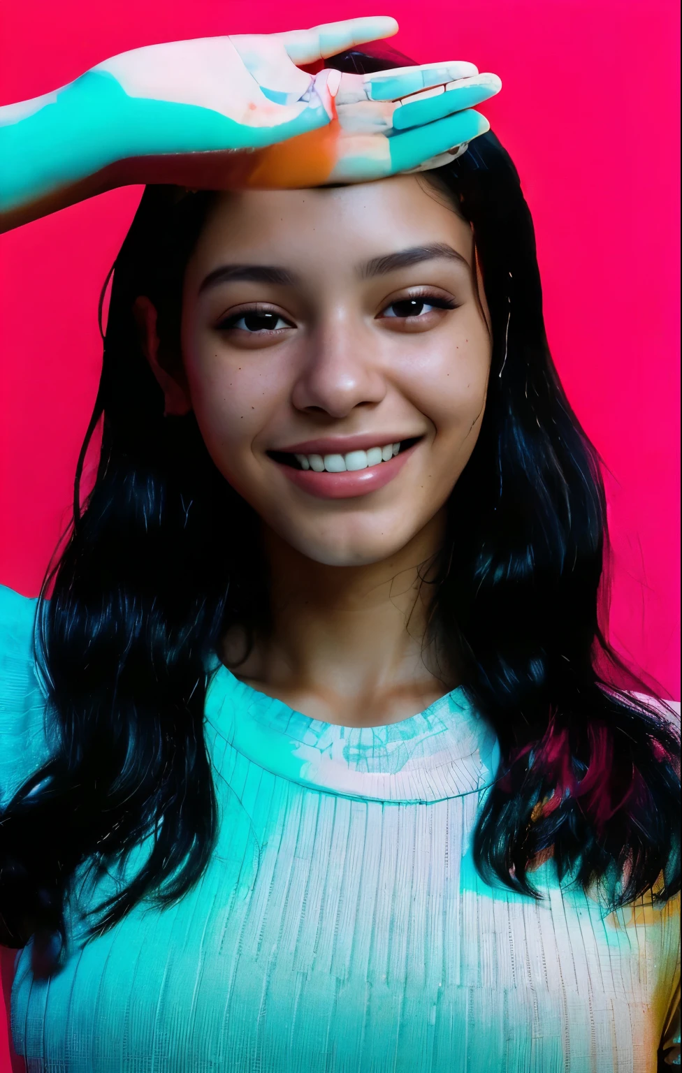 portrait, highest qualityr, high resolusion, Amanda Ribeiro, 19 years old, Younger headshot, long Black hair, realistic skin, beautiful refined skin, real skin texture, brazilian, smiling