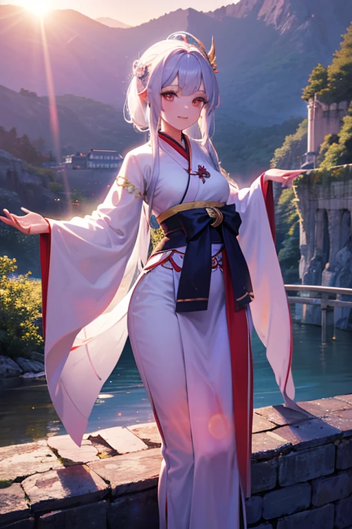 The sun is shining, uma linda garota chinesa com longos cabelos brancos, vestindo roxo lindo lindo Hanfu, standing on an old stone bridge, sorrindo encantadoramente, de lado, 3d rendering, c4d, Octane Rendering, estilo Game CG, a perspectiva frontal, luz do filme efeito, super grande angular, 32k --s 250 