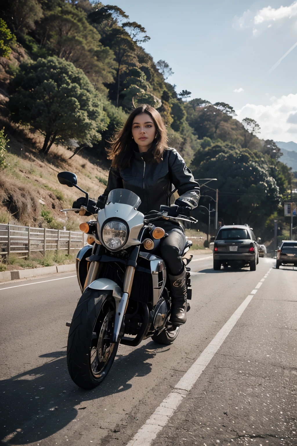 Uma mulher bem gostosa vista de tras, com moto em alta velocidade na moto em alta velocidades, em uma estrada com carros modernos, com foco em suas nadegas grandes.((best quality)), ((masterpiece)), (detailed), perfect face