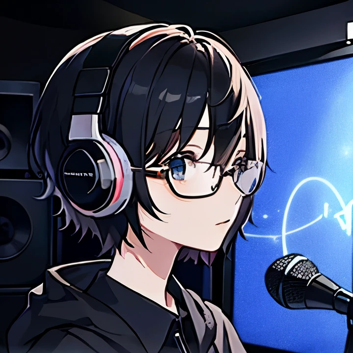 An anime girl with short hair in a recording studio with headphones, recording a song, wear big round black glasses, tomboy outfit, dark themed, dark colors, best quality.