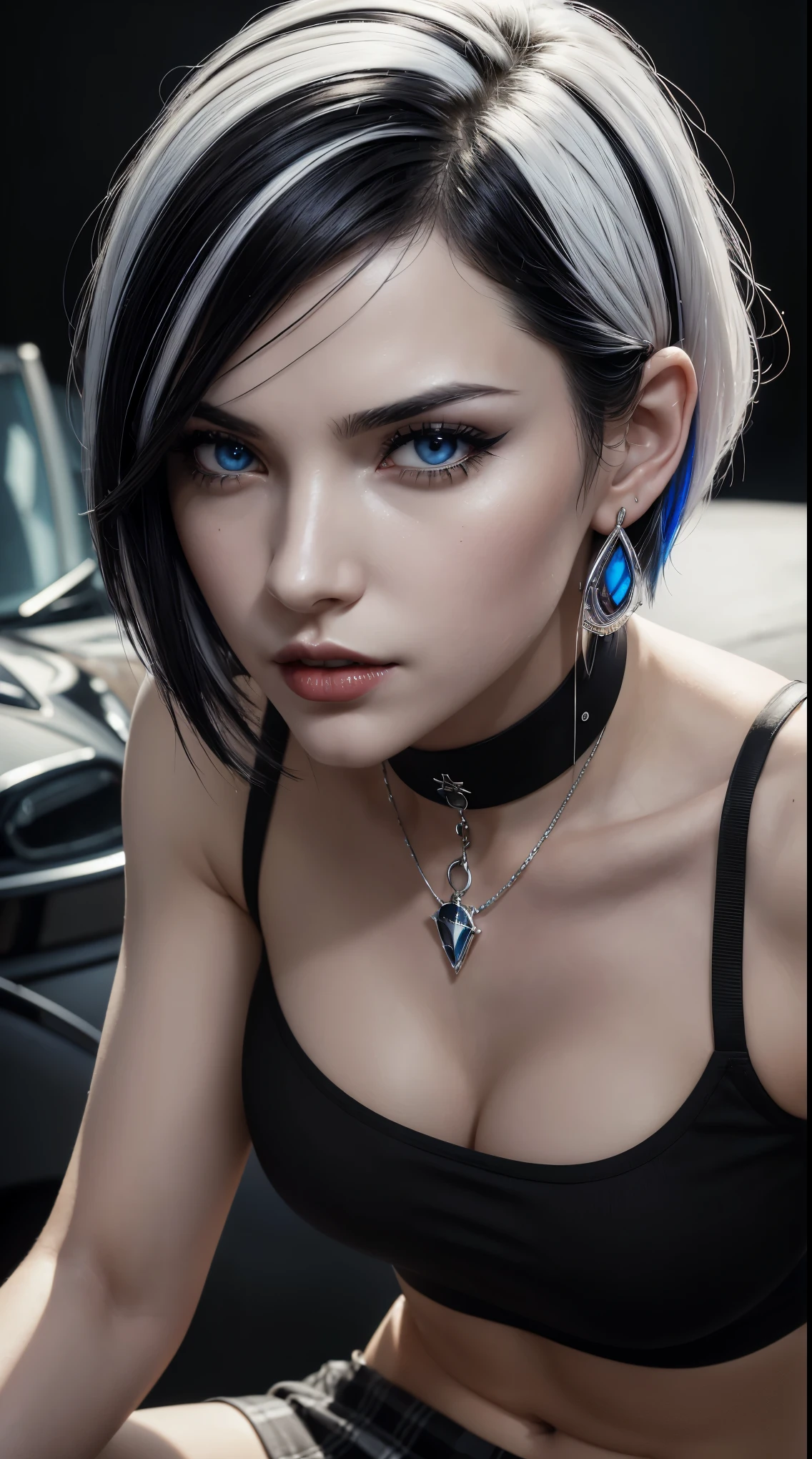 1 beautiful and sexy woman, pale white skin, bright blue eyes (vampire eyes), ((short hair, black and white hair, multi-colored hair, hair with white highlights)), perfect body, perfect abdomen, navel, black shirt sleeveless, neckline, black and gray plaid skirt, makeup, eye shadow, eyeliner, red lips, earrings, bracelet, necklace, choker, hair band, sexy and provocative look and expression, (AM190_Brigitte:0.99), ( (close-up portrait:1.3)), model shoot style, (extremely detailed CG unity 8k wallpaper), photo of the most beautiful work of art in the world, majestic professional, Atey Ghailan, Studio Ghibli, by Jeremy Mann , Greg Manchess, Antonio Moro, intricate, great detail, sharp focus, dramatic, photorealistic midjourney painting and greg rutkowski, (looking at cameras), (((closeup of upper body))).