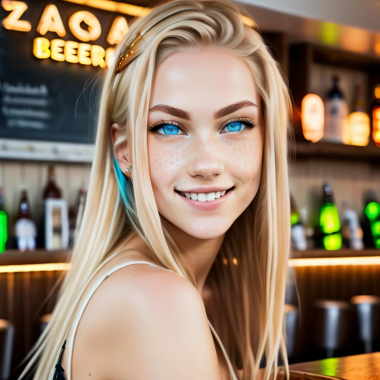 drinking beer at a classy bar, busy environment, neon lights, zoomed out showing full body, ((best quality)), ((masterpiece)), (detailed), perfect face blond woman with freckled hair and blue eyes smiling, light freckles, more freckles