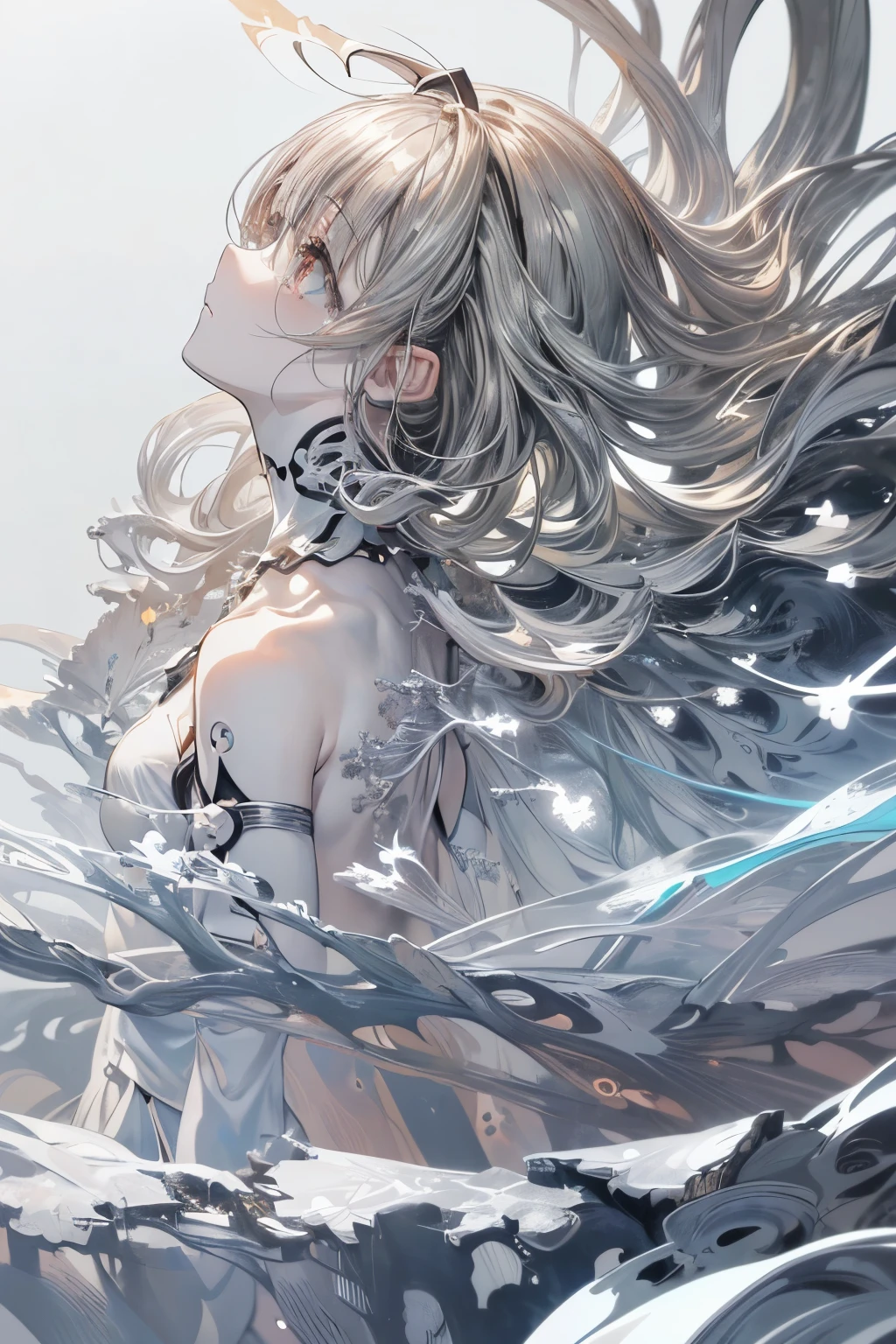 ((Masterpiece)), (Anime:1.3), ((best quality)), (abstract art:1.5), (High Definition), (pale color), wide shot, (fractal structure:1.5), (simple silver background:1.6), landscape, (Beautiful), (Biological atmosphere), deep sea, (cute girl), (hollow eyes), (profile), beautiful white hair, (Crying), ((eyes trickle down)),