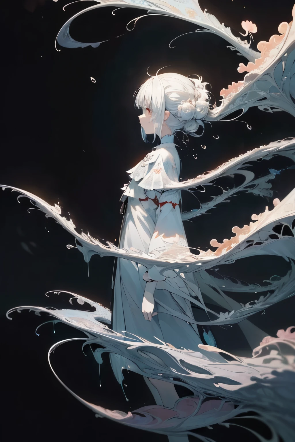 ((Masterpiece)), (Anime:1.3), ((best quality)), (abstract art:1.5), (High Definition), (pale color), wide shot, (fractal structure:1.5), (simple dark background:1.6), landscape, (Beautiful), (Biological atmosphere), deep sea, (cute girl), (hollow eyes), (profile), beautiful white hair, (Crying), ((eyes trickle down)),