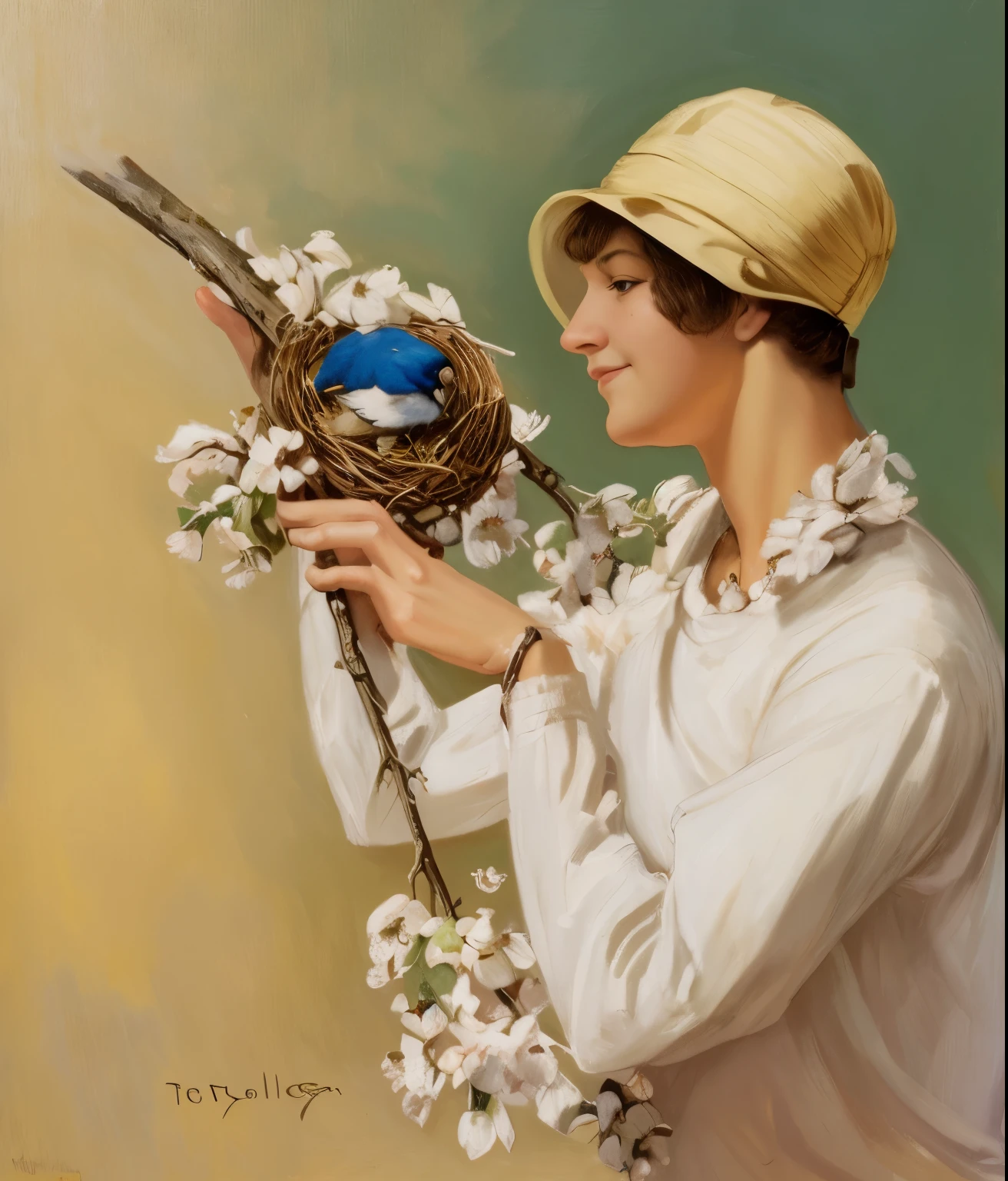 painting of a woman holding a bird nest and a branch of apple tree, j c leyendecker 8 k, jc leyendecker, part leyendecker style, j. c. leyendecker 8 k, j c leyendecker, j. c leyendecker, joseph leyendecker, j.c leyendecker, leyendecker