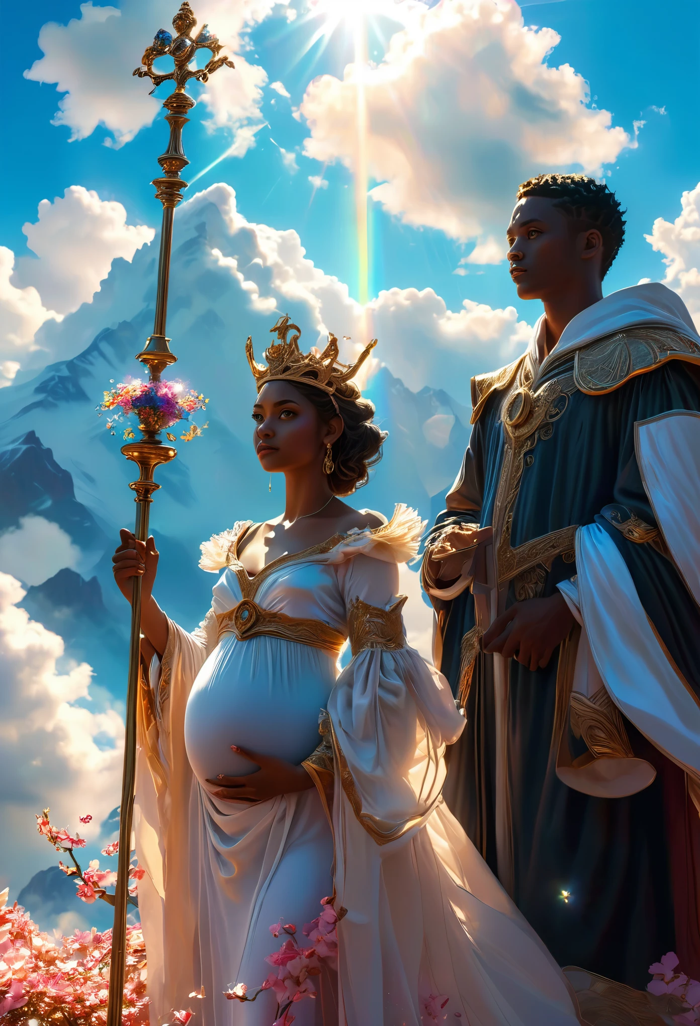 Novel in celestial landscape, a beautiful young darkskin couple with a pregnant young judge with a young male judge, they holding scepter, very fine face, (((very beautiful))), perfect faces, whole body, romantic scene, romantic Way, sexy couple, 8K, extremely detailed, (high quality, realistic, photorealistic: 1.37), high detail skin, real skin, (blue sky, cloud, mountain, falling petals, flowers, sun light, backlighting:1.4), (masterpiece, top quality, best quality, official art, beautiful and aesthetic:1.2), extreme detailed,((colorful refraction)), (beautiful detailed sky), Life optical flow,((dark intense shadows)), ((cinematic lighting)), ((sharp focuasterpiece)), ((best quality)), epic cinematic, soft nature lights, rim light, absurd, amazing, hyper detailed, ultra realistic, soft colors
