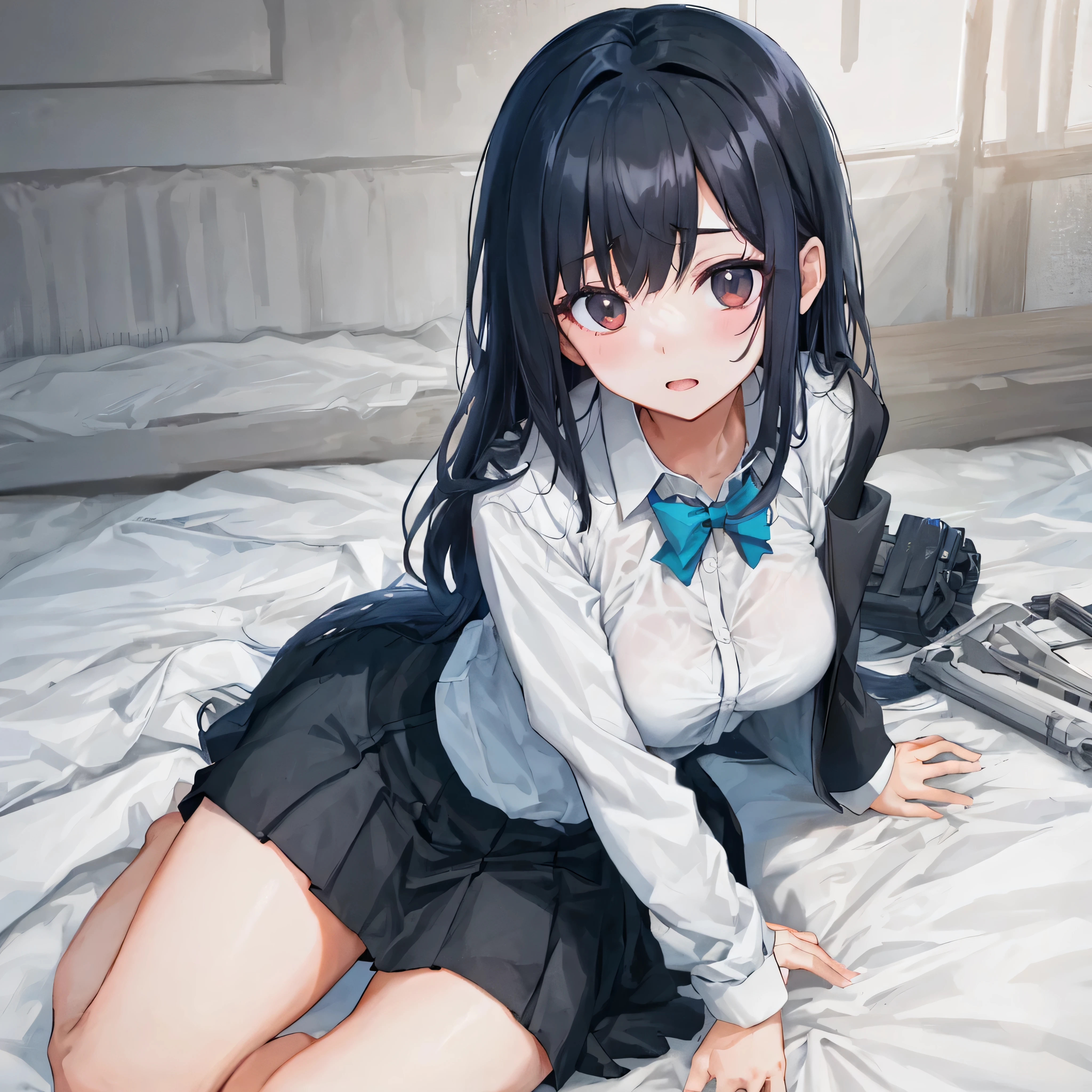 {{{dynamic angle}}},{{black navy blazer}},{{white dress shirt}},{{pleated skirt}},{{{Like a rag on the futon}}},{{Inside a house that looks like a ruin at midnight}},{{medium chest star piece,highest quality)),close one eye,side shot,黒いlong hair,{{asymmetrical bangs}},{{amount}},青いpleated skirt,{{high quality eyes}},{{high quality background}},{{thin and beautiful eyes}}, {{black hair}},{{red-black eyes}},slanted eyes,{{long hair}},super dense skin,,thin and beautiful eyes, thin eyebrows