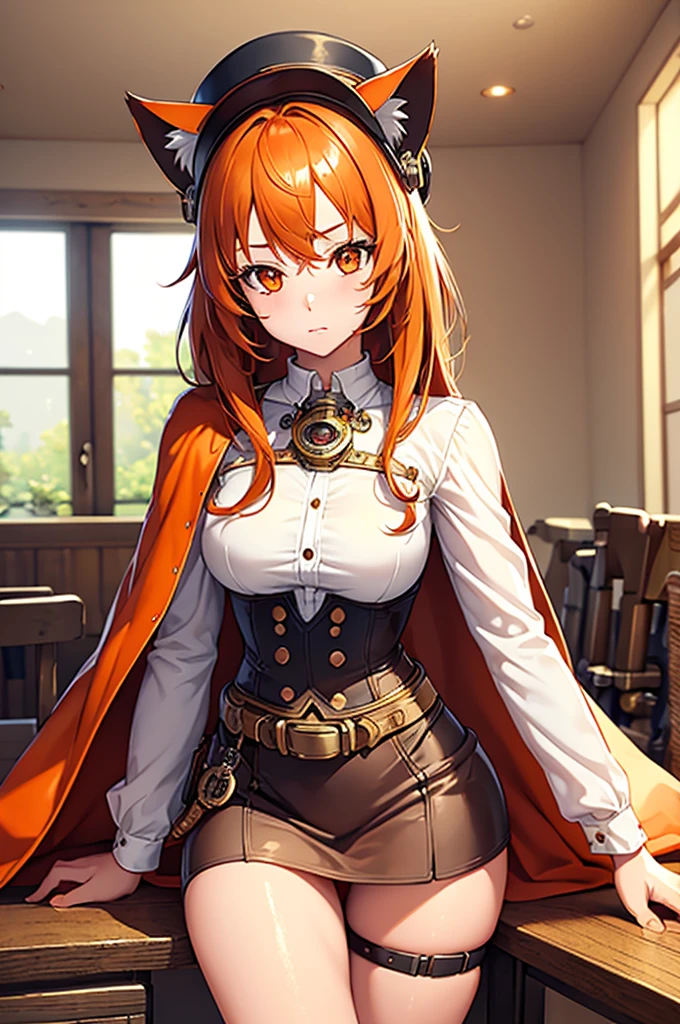((masterpiece)), (((bestquality))), ((ultra-detailed)), Anime girl cat-ears, ((4girls)), looking at another, full body, ((standing by table )), Happy, Orange hair, brown hair, white hair, Orange eyes, detailed face, beautiful detailed eyes,Primitive tribal elements,(high detailed skin:1.2), Orange cape, brown hat, anklet, toes, ( sandals,) 18 years old, steampunk, white shirt, goggles around neck, indoors, ((Robot girl laying on table, robot joints))