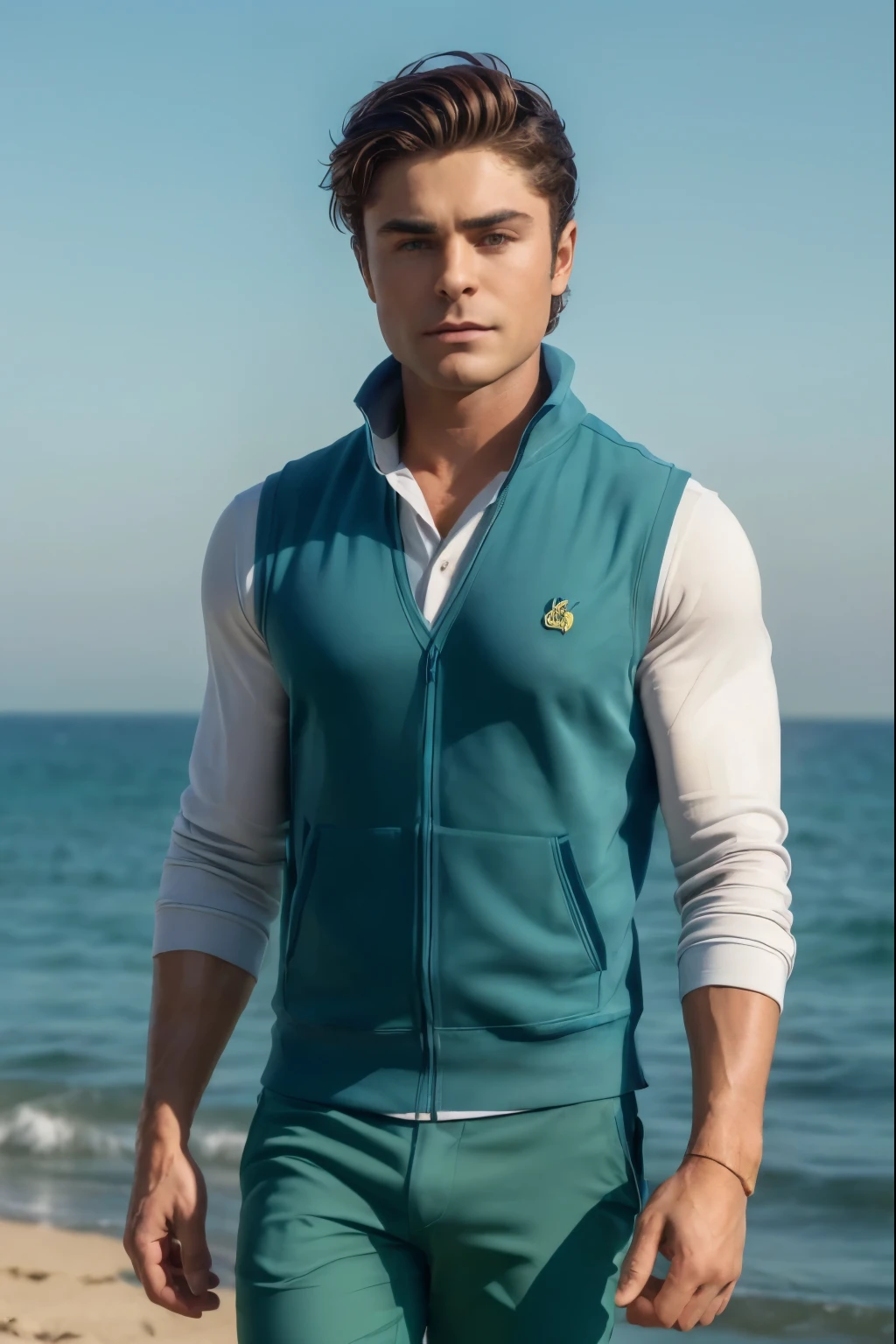 ((Obra maestra)), ((Mejor calidad:1.2)), high resolution, 8K, (ultra_realista:1.3), (photorealista:1.4), (Plantilla de Instagram, elegante:1.2), (Zac Efron is an actor known for his striking features and strong physique., He has a square jaw complemented by well-defined cheekbones.., Sus ojos son de un cautivador tono azul, a menudo expresando profundidad e intensidad, Zac&#39;s dark brown hair is usually styled in a sleek style.., adding to its polished appearance, He has a tall and athletic build., characterized by broad shoulders and a well-toned physique, En general, His charismatic and confident demeanor enhances his on-screen presence.), (((dressed in a casual elegance style of a polo sweatshirt in invigorating green with skinny pants in sky blue with crab sandals in earth tones and as an accessory a multi-pocket vest in ocean blue.))), cuerpo completo, cuerpo completo, Todo el cuerpo, Todo el cuerpo, cuerpo completo, 