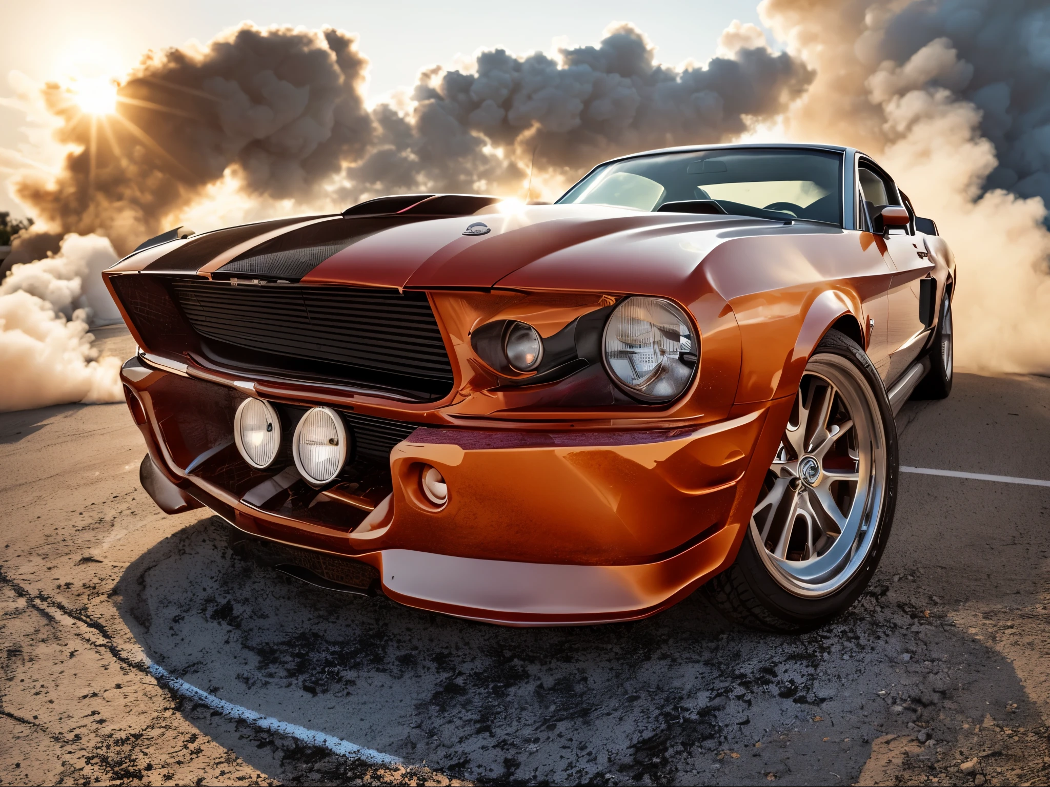 A classic Ford Mustang GT, in deep carrot orange, burns rubber on an open highway, leaving behind a plume of white smoke as it drifts, capturing the power and legacy of American muscle