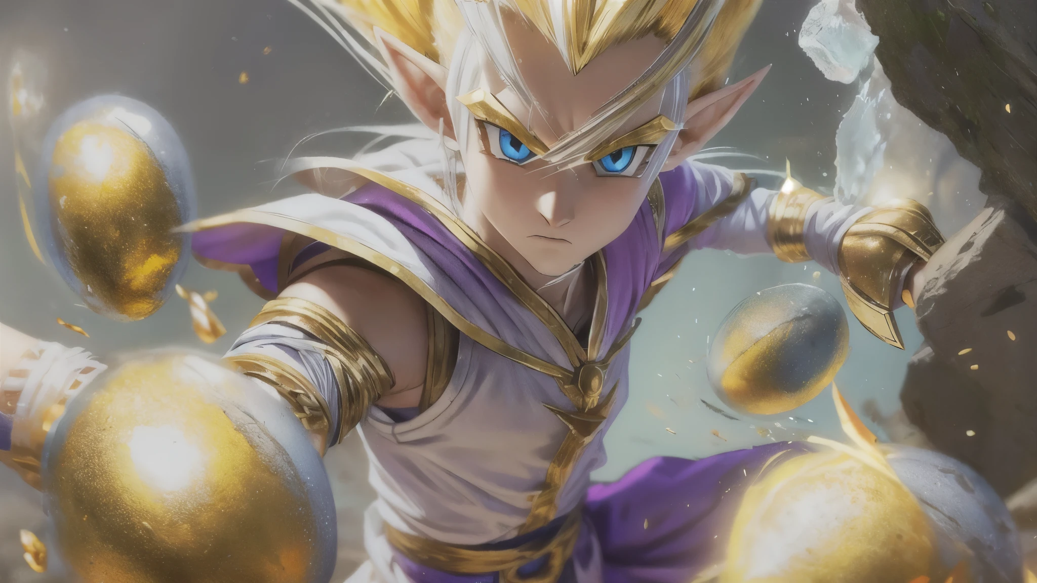 (master piece), 8k, best quality, elf boy, naive, male, teenager, , 170 centimeters tall, white skin, thin body, pointed elf ears, beautiful finely detailed silver eyes, high forehead , yellow blonde spiky hair like Gohan from the anime dragon ball (super sayajin), Incredibly handsome, conservative elven outfit, fighting, action, throwing small salt rocks at enemies, fighting with Goblins,