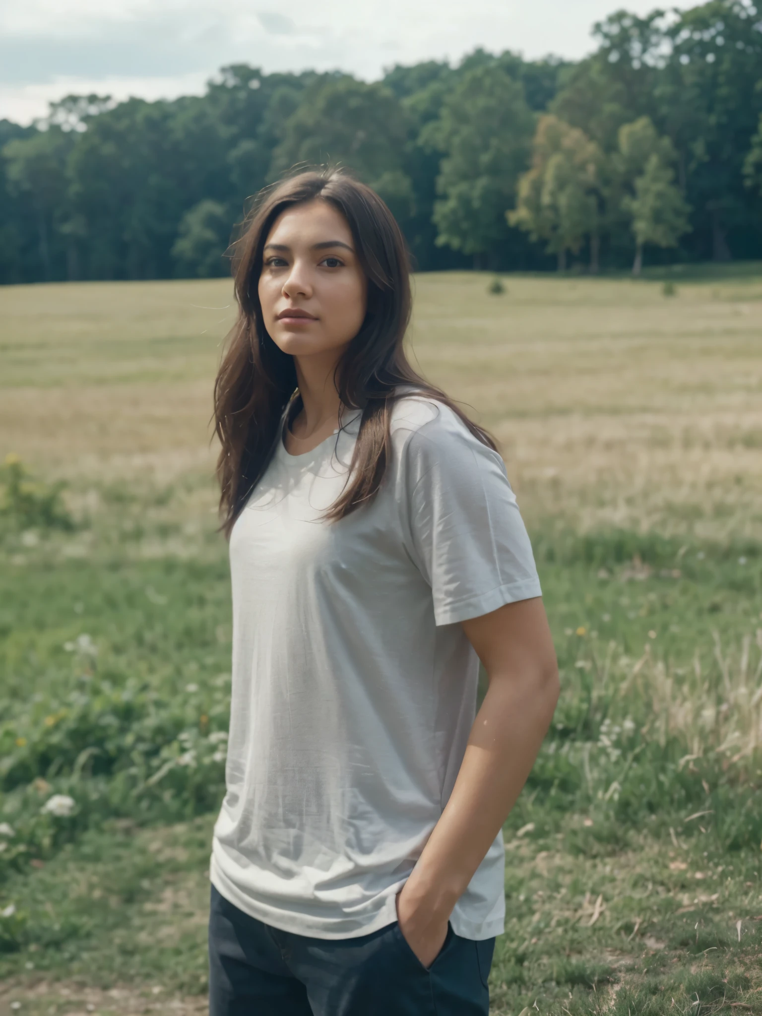 a plump woman with brown hair in a braid in open light Russian clothes walks across a field, ears of wheat, early morning, fog, Full-face face, against the backdrop of a birch grove