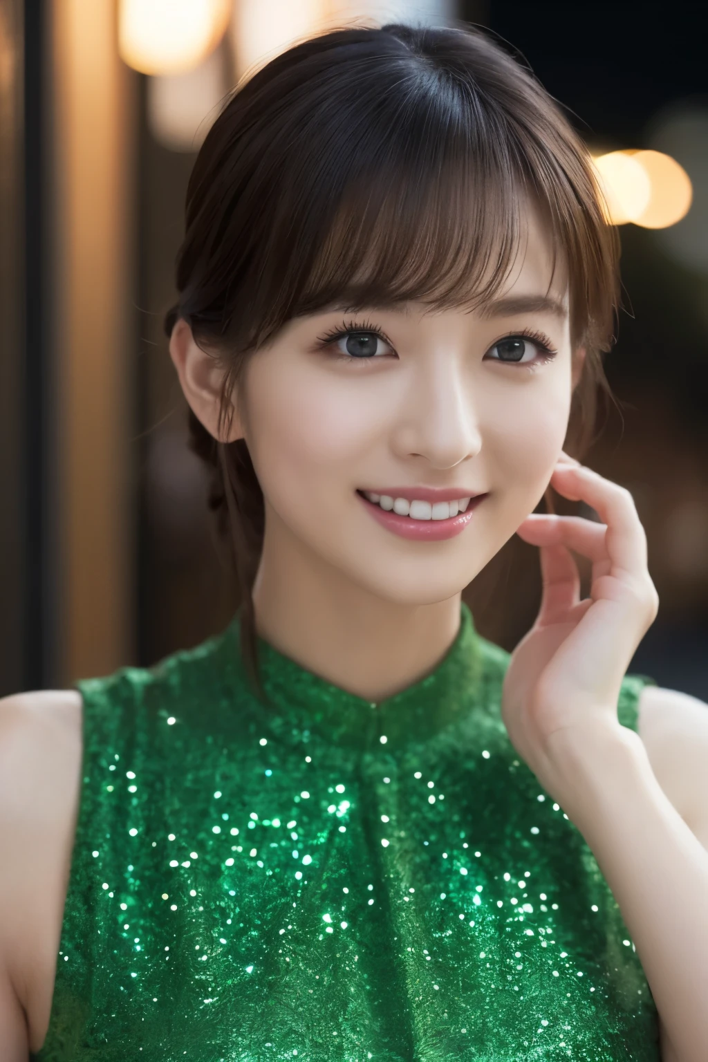 1 girl, (wearing a green glitter dress:1.2), (RAW photo, highest quality), (realistic, Photoreal:1.4), table top, very delicate and beautiful, very detailed, 2k wallpaper, wonderful, finely, very detailed CG Unity 8K 壁紙, Super detailed, High resolution, soft light, beautiful detailed girl, very detailed目と顔, beautifully detailed nose, finelyて美しい目, cinematic lighting, night city lights, Fantastic illumination, perfect anatomy, slender body, small, smile