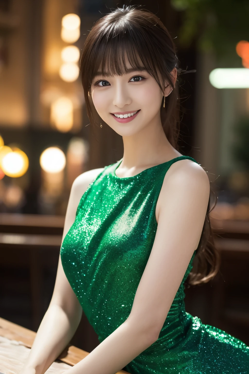 1 girl, (wearing a green glitter dress:1.2), (RAW photo, highest quality), (realistic, Photoreal:1.4), table top, very delicate and beautiful, very detailed, 2k wallpaper, wonderful, finely, very detailed CG Unity 8K 壁紙, Super detailed, High resolution, soft light, beautiful detailed girl, very detailed目と顔, beautifully detailed nose, finelyて美しい目, cinematic lighting, night city lights, Fantastic illumination, perfect anatomy, slender body, small, smile