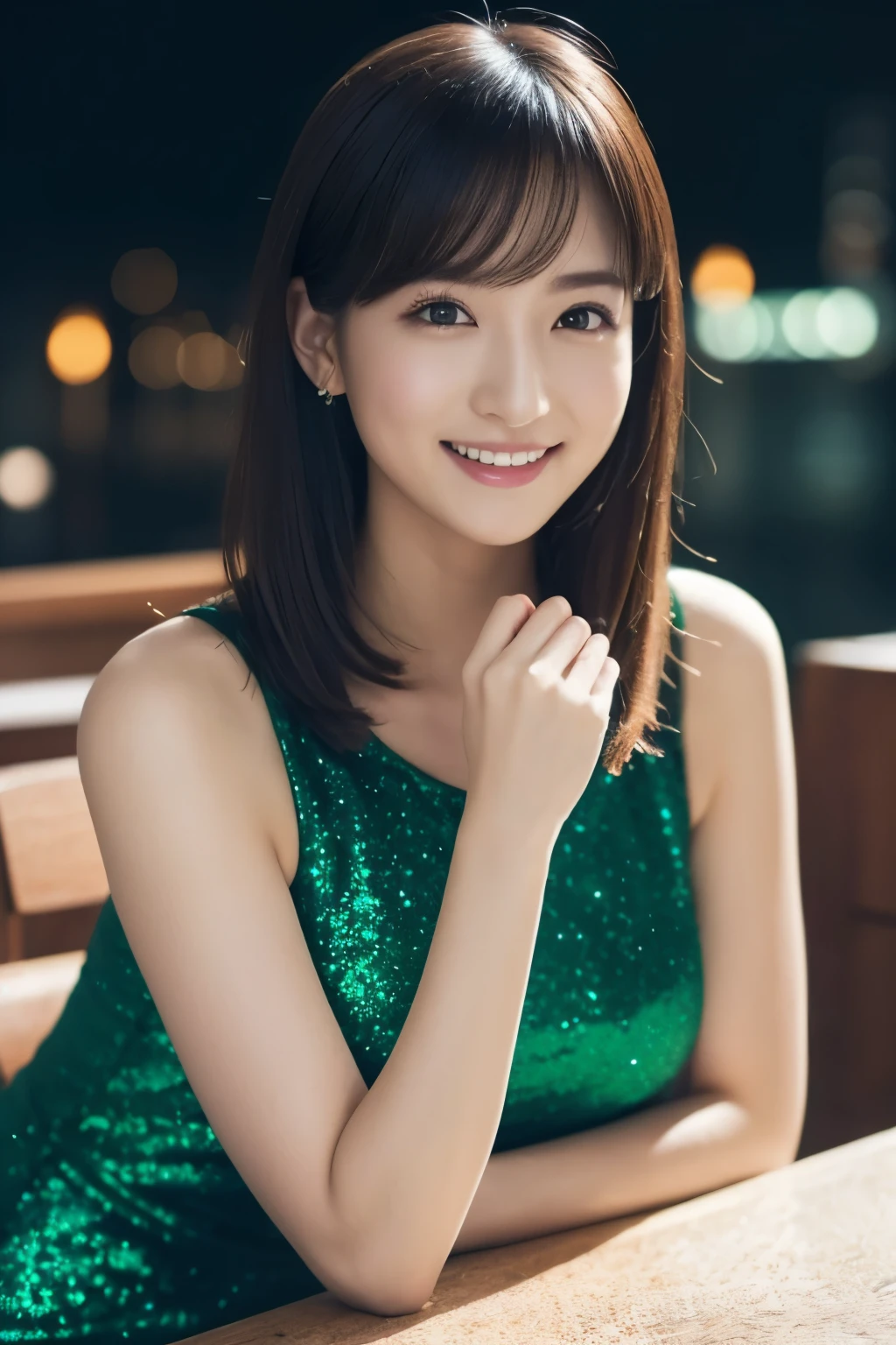 1 girl, (wearing a green glitter dress:1.2), (RAW photo, highest quality), (realistic, Photoreal:1.4), table top, very delicate and beautiful, very detailed, 2k wallpaper, wonderful, finely, very detailed CG Unity 8K 壁紙, Super detailed, High resolution, soft light, beautiful detailed girl, very detailed目と顔, beautifully detailed nose, finelyて美しい目, cinematic lighting, night city lights, Fantastic illumination, perfect anatomy, slender body, small, smile