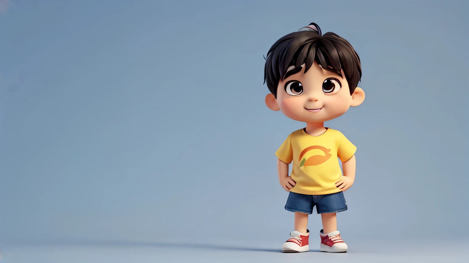 2.5-years-old cute cartoon boy of Korean-Japanese and Turkish mix descent. He has slighly slanted expressive black eyes, short-to-mid length straight thin hair, he wears a yellow t-shirt, jean shorts and blue sneakers. very cute beautiful smiling face. He is slightly chubby and fat. 3D pixar animation style, plain backgorund, he stands in T-pose. Full-body mid-wide shot