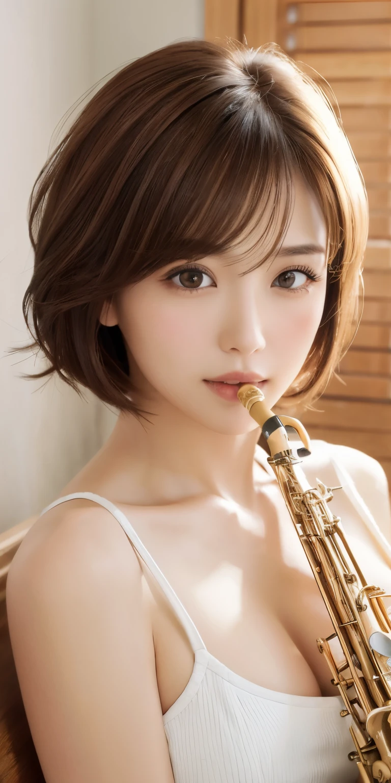 masterpiece、highest quality、High resolution、table top、wallpaper、realistic、bright lighting、professional lighting、face light、smooth lighting、japanese woman、adult、Beautiful woman、action、gravure、sexy、poor、super beautiful、beautiful skin、beautiful and detailed eyes、detailed face、slim、moderately、short hair、brunette colored hair、brown eyes、look at the camera、i have a saxophone