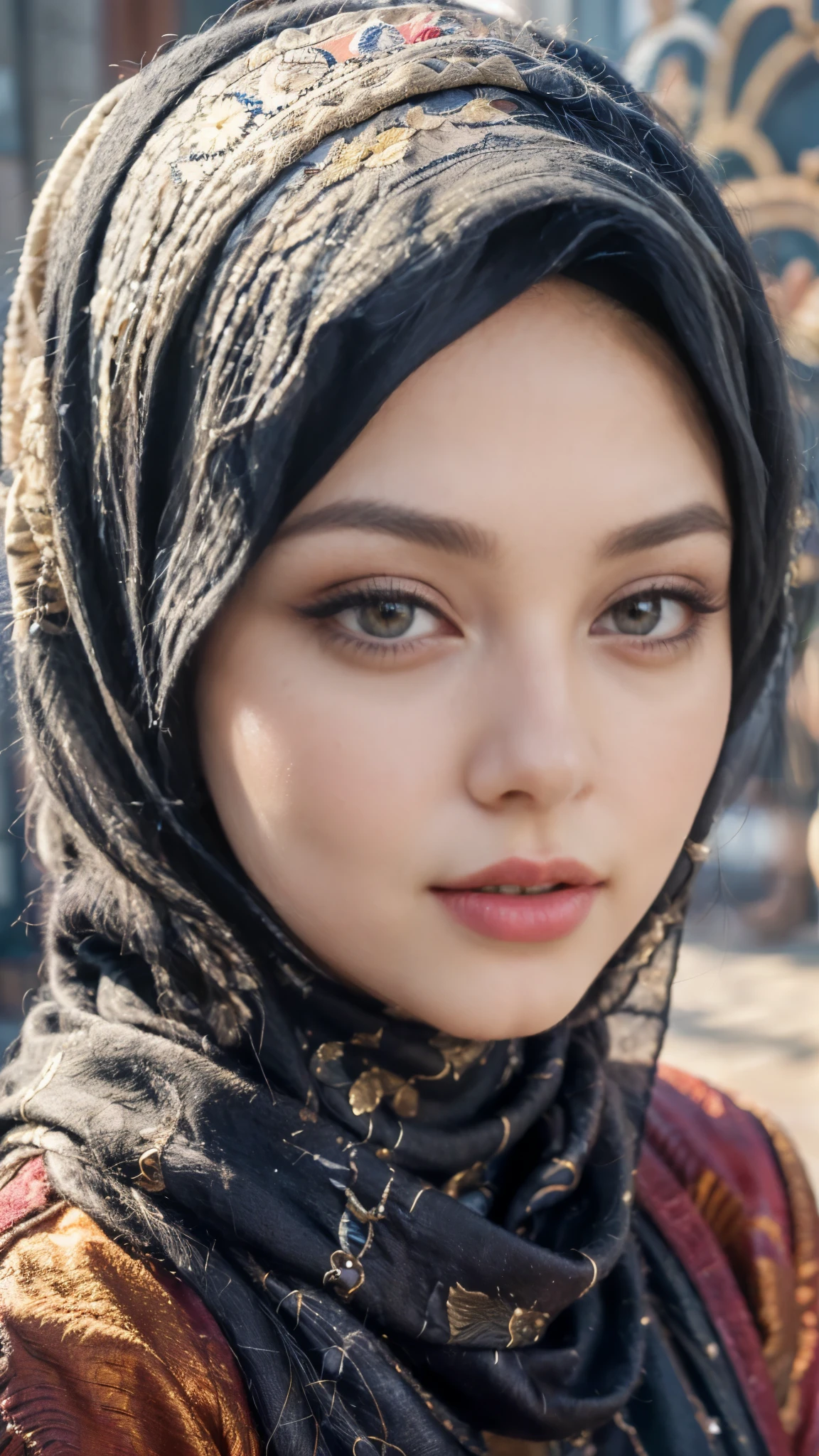 (best quality,4k,highres),vivid colors,close-up,beautiful eyes,beautiful detailed lips,detailed eyelashes,expressive face,confident expression,modern muslim woman,hijab fashion,colorful background,stylish accessories,striking red jacket,contrast with background,graceful posture,indoor setting,fashionista,proud of her heritage,joyful mood,fashion-forward,girlpower,strong and independent woman,positive attitude,eyebrows on fleek,professional makeup,contemporary fashion,emphasize the eyes,flawless skin,shimmering lipstick,high-quality photography,portrait photography,hijab style inspiration,empowered and elegant,lens flare effect,soft lighting,studio shot,embrace diversity,celebrate individuality,cultural pride.