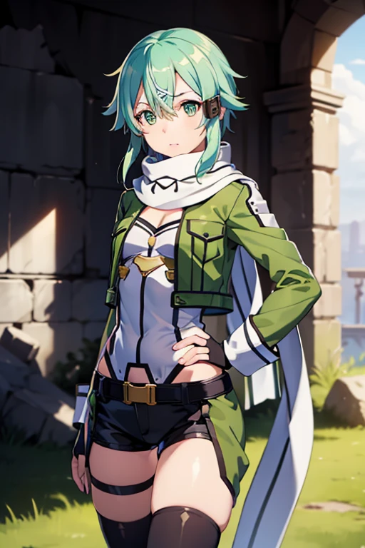 (masterpiece), best quality, expressive eyes, perfect face, highres, sinon1, scarf, fingerless gloves, long sleeves, short shorts, hair ornament, hairclip, green thighhighs, green jacket, thigh strap, hands on hip, field, ruins background, standing, cowboy shot, looking at the viewer