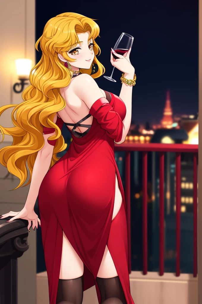 ItoRyoko, masterpiece, best quality, a beautiful mature sexy lady wearing sexy lady spangle dress posing in front of balcony at night, 1girl, solo, dress, high heels, breasts, long slit, cleavage, red and gold dress, thigh highs, jewelry, holding wine glass, sexy smile, lady detective, mature woman, long hair, blonde hair, wavy hairstyle, yellow eyes, slender face, slender body, medium breasts, nice ass, beautiful tits, beautiful ass,