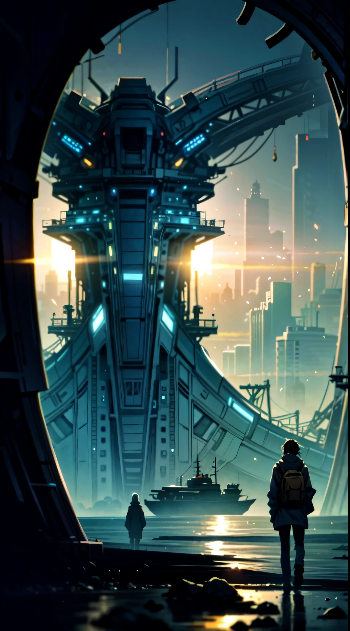 (best quality, 4k, 8k, highres, masterpiece:1.2), ultra-detailed, (anime: 1.2), workers on land looking at a ship, alien ship, nanopunk, nazare nautica, sci-fi, dark ambience, abstract art, makoto shinkai cyril rolando, atey ghailan 8 k, emotional concept art, guweiz and makoto shinkai, anime art wallpaper 8 k, a beautiful artwork illustration, 4k highly detailed digital art, anime art wallpaper 4k