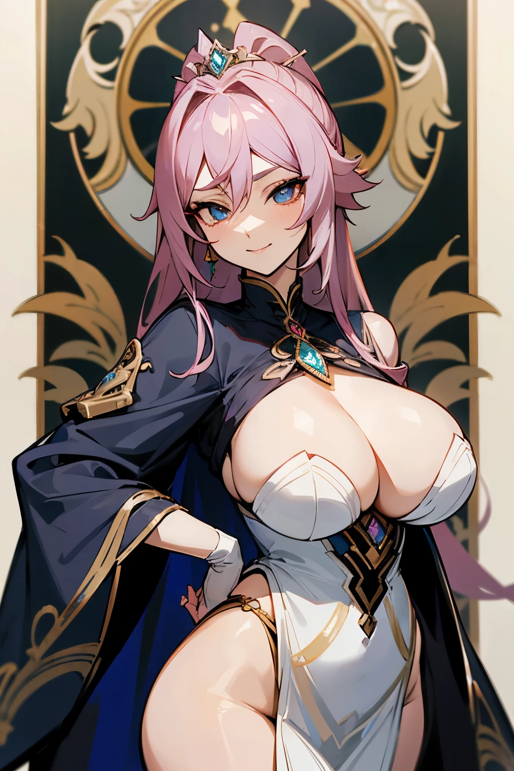 Anime woman portraying Signora from Genshin Impact, ready for play,
Sensual curve in figure, elegantly dressed in imperial attire,
A sign of sophistication, one hand placed delicately on hip,
Enchanting aura surrounding, captivating gaze and mysterious smile,
Detailed design, intricate patterns adorning her robes,
Radiating an air of authority, a truly formidable foe in the game.