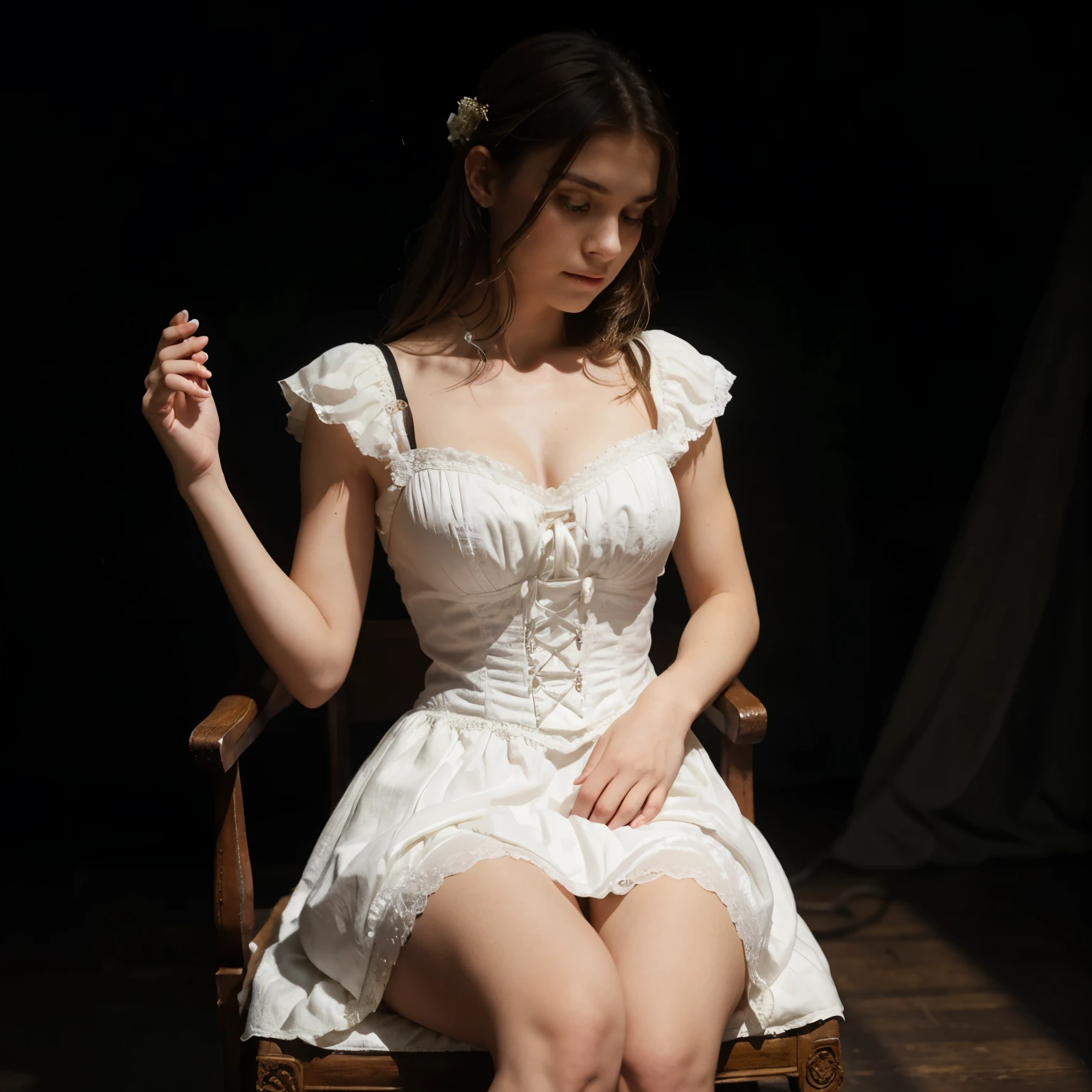 Intense girl, sit on an old chair, black background, 1500 victorian white dress, diffussed light, hd, 4k, extended hand, lifted hand, diagonal view.