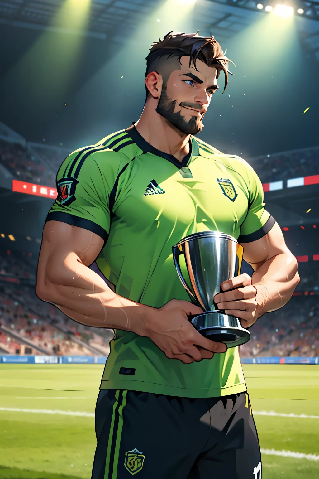 Majestic footballer triumphantly lifts the glistening trophy above his head, a brilliant smile gracing his chiseled features. His sweat-drenched jersey clings to his muscular physique, and the stubble on his strong jawline adds to his rugged appeal. His piercing blue eyes glow with winning determination, and his meticulously designed beard frames his angular face. The lush green grass of the field stretches out behind him, a Testament to his hard-earned victory. In the background, adoring fans cheer and celebrate, their ecstatic faces illuminated by the bright stadium lights. The image, captured in stunning 4K resolution, exudes an unparalle