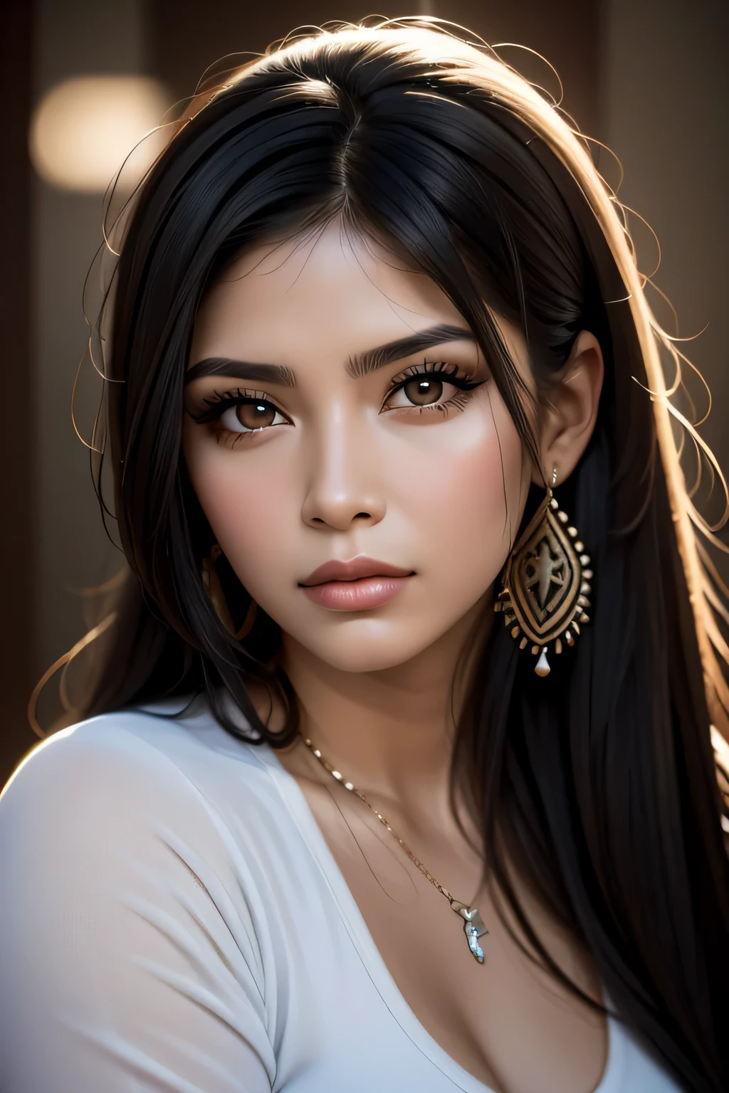 portrait of a mexican  american woman, beautiful, detailed face, deep, expressive eyes, long black hair