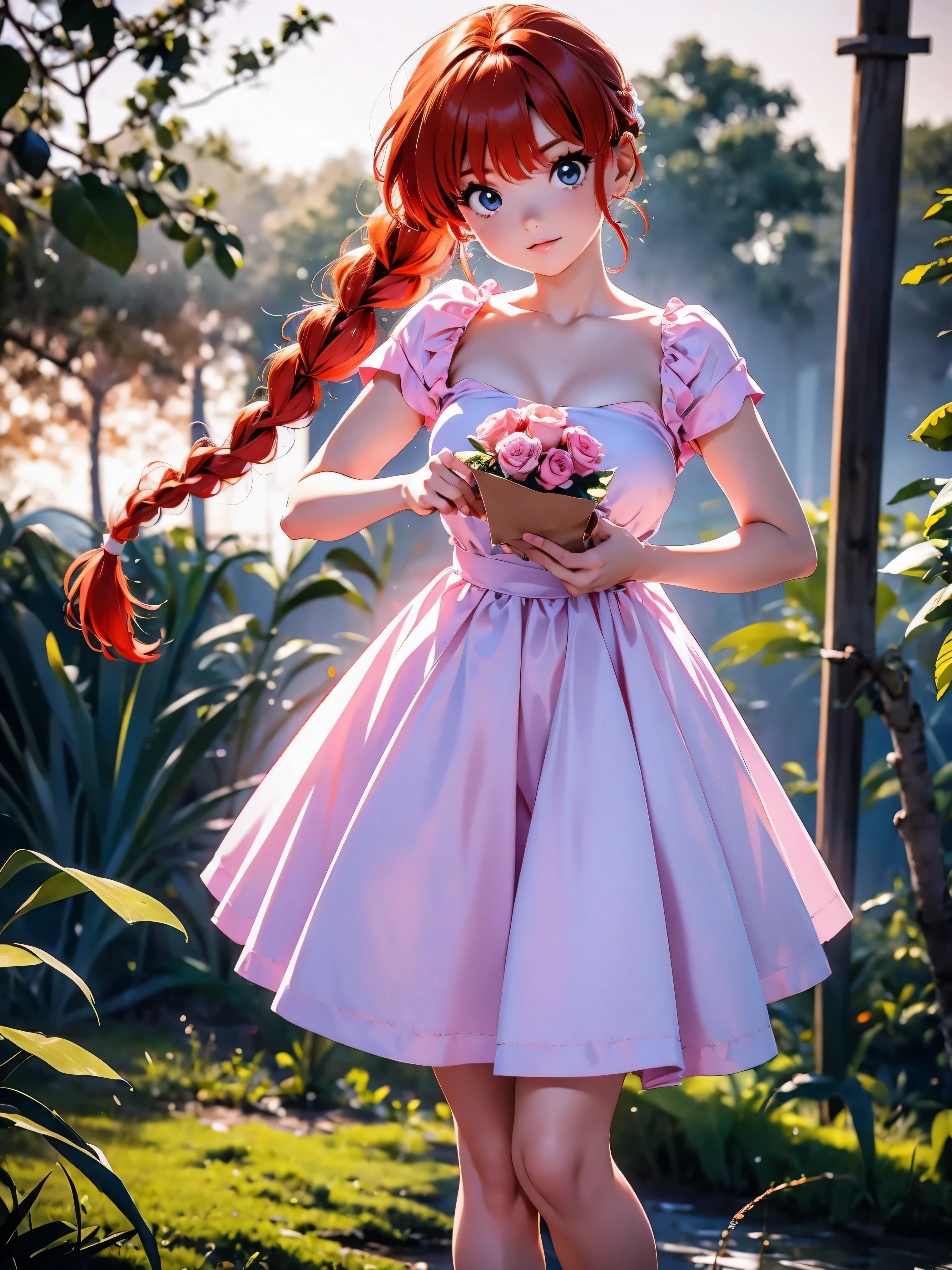 Garota anime ruiva com vestido longo pink com desenho de rosas casamento, saia, 16 anos, corpo bonito, seios grandes, with hands behind head, running your hands through your hair, Garota sexy, red hair with braid , beautiful lighting, sombras suaves, olhos azuis, pernas bonitas, hair with braid, estilo anime, Ranma Chan, Autora Rumiko Takahashi, Baseado em obra de Rumiko Takahashi, Anime Ranma 1/ 2, decote sexy, quadril robusto, corpo inteiro, corpo inteiro, busto grande, garota jovem com corpo belo e bonito, sandals on his feet, garota 16 anos jovem baixa estatura, usando vestido longo pink com desenhos de rosas, estampa florida, vestido com arte florida de rosas, garota anime, estilo anime, beautiful feet in sandals, 45° viewing angle, ao ar livre, vestido com estampa florida rosas, vestido estampado flor rosa, corpo inteiro, corpo completo