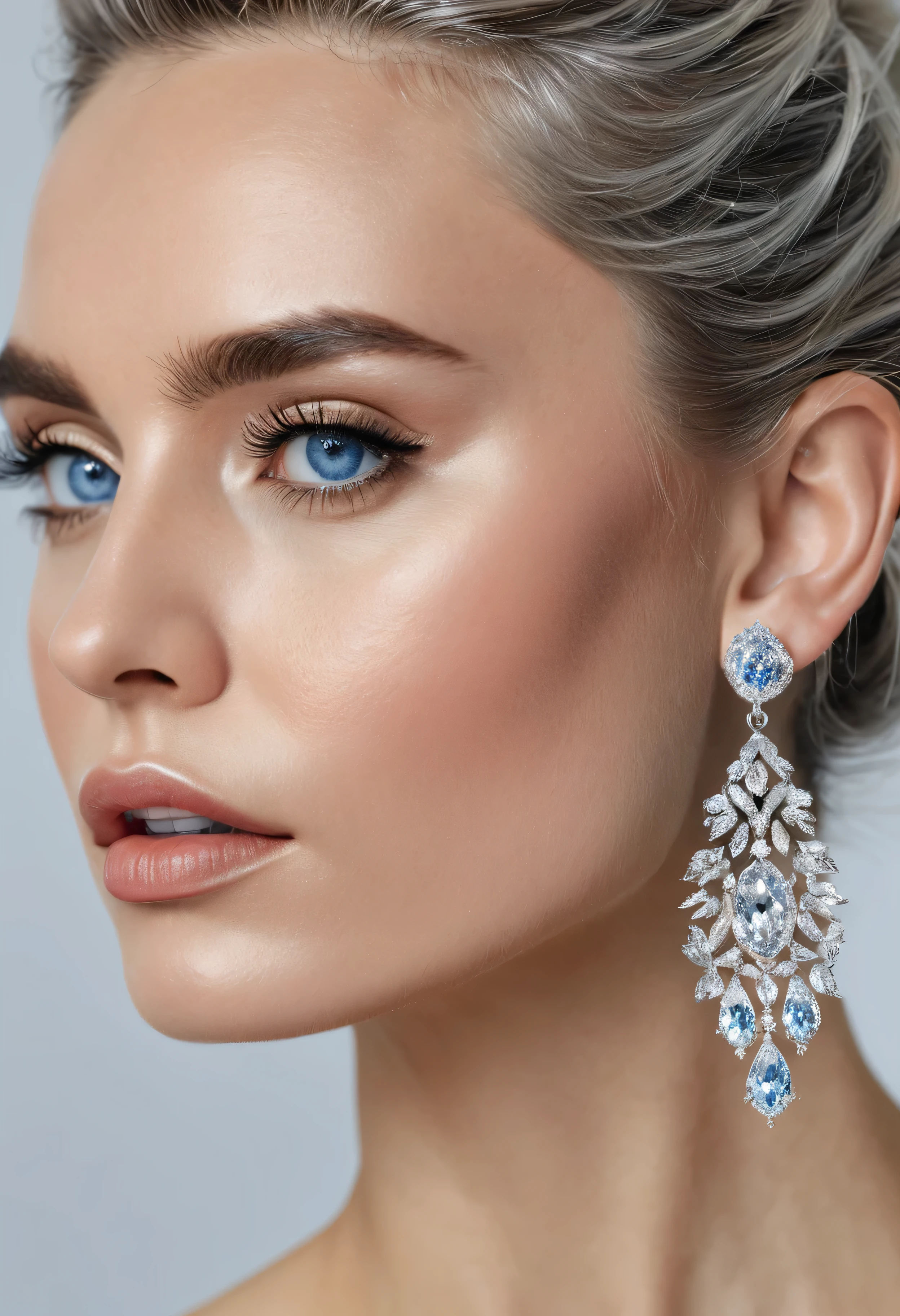 (masterpiece, best quality), intricate details, realistic, photorealistic, a close up of a woman wearing earrings, inspired by Emma Andijewska, draped in crystals, silver color, long earrings, sandra chevier, huge earrings, 2019, blue-eyed, platinum jewellery, earring, flawless structure, silver earring,