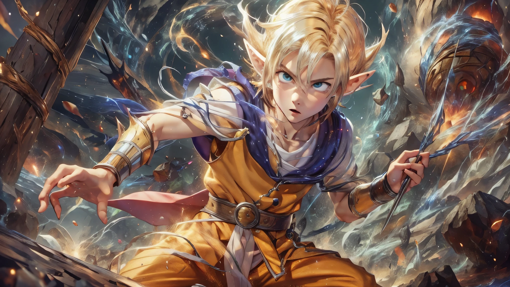 (master piece), 8k, best quality, elf boy, naive, male, teenager, 14 years old, 170 centimeters tall, white skin, thin body, pointed elf ears, beautiful finely detailed silver eyes, high forehead , yellow blonde spiky hair like Gohan from the anime dragon ball (super sayajin), Incredibly handsome, conservative elven outfit, fighting, action, throwing small salt rocks at enemies, fighting with Goblins,