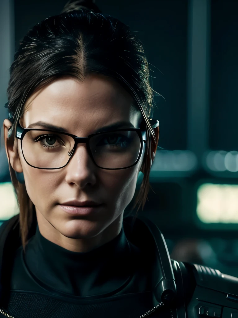 (cyberpunk military scientist:1) (1woman) dark theme :: focus on medium closeup face, curious face, young Sandra Bullock face, ultra realistic futuristic cyberpunk tall athletic woman, :: futuristic glasses nerd :: inside cyberpunk office :: brown eyes :: natural lighting :: bokeh :: 8k :: best quality :: masterpiece :: insanely detailed:1.5