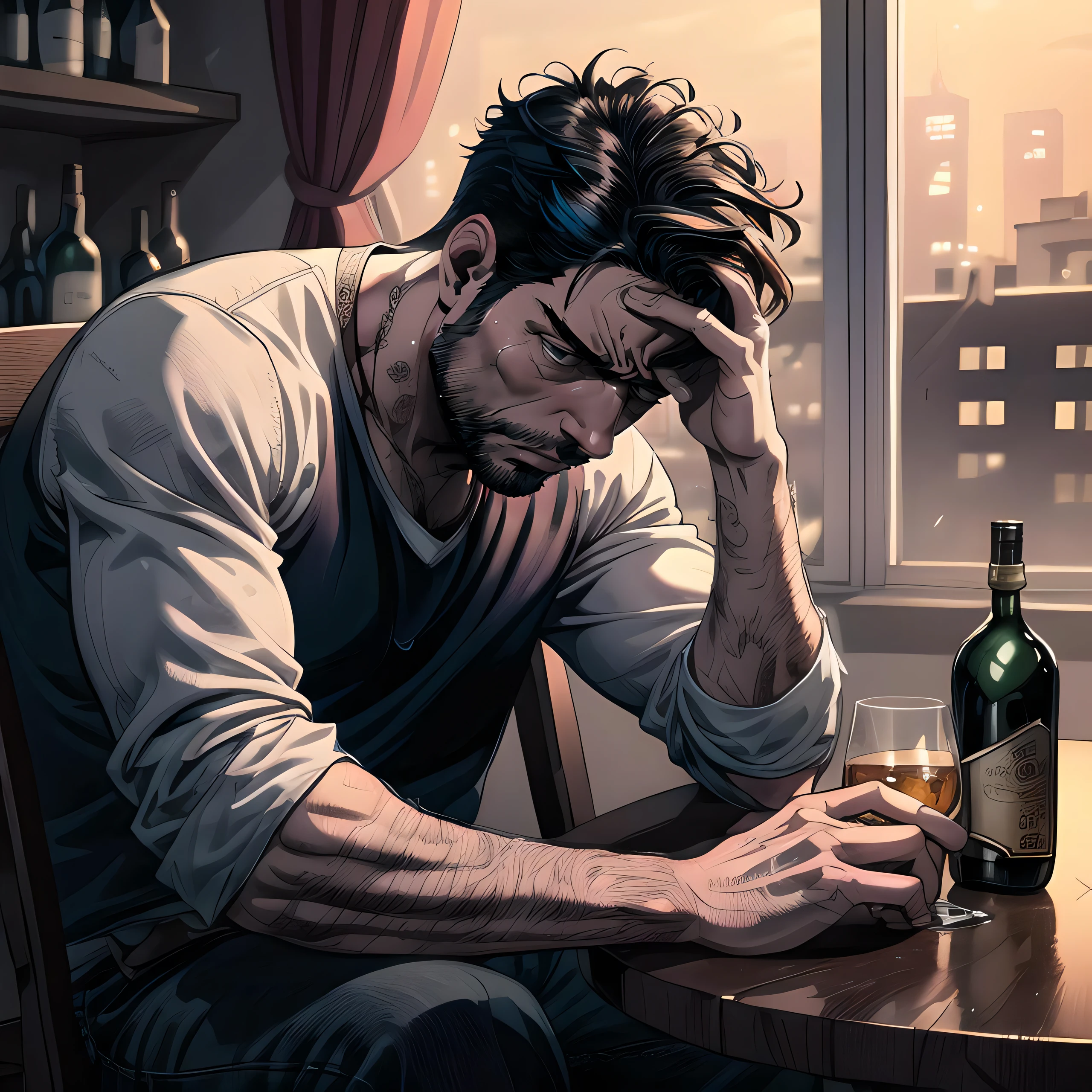 (masterpiece, best quality, very detailed, bright colors, saturation), mature man, in a modern apartment, on a chair, sad face, despondency, sadness, phone on the table, suffering, twilight, noir, empty whiskey bottles, alcohol, a revolver put to his head, suicide
