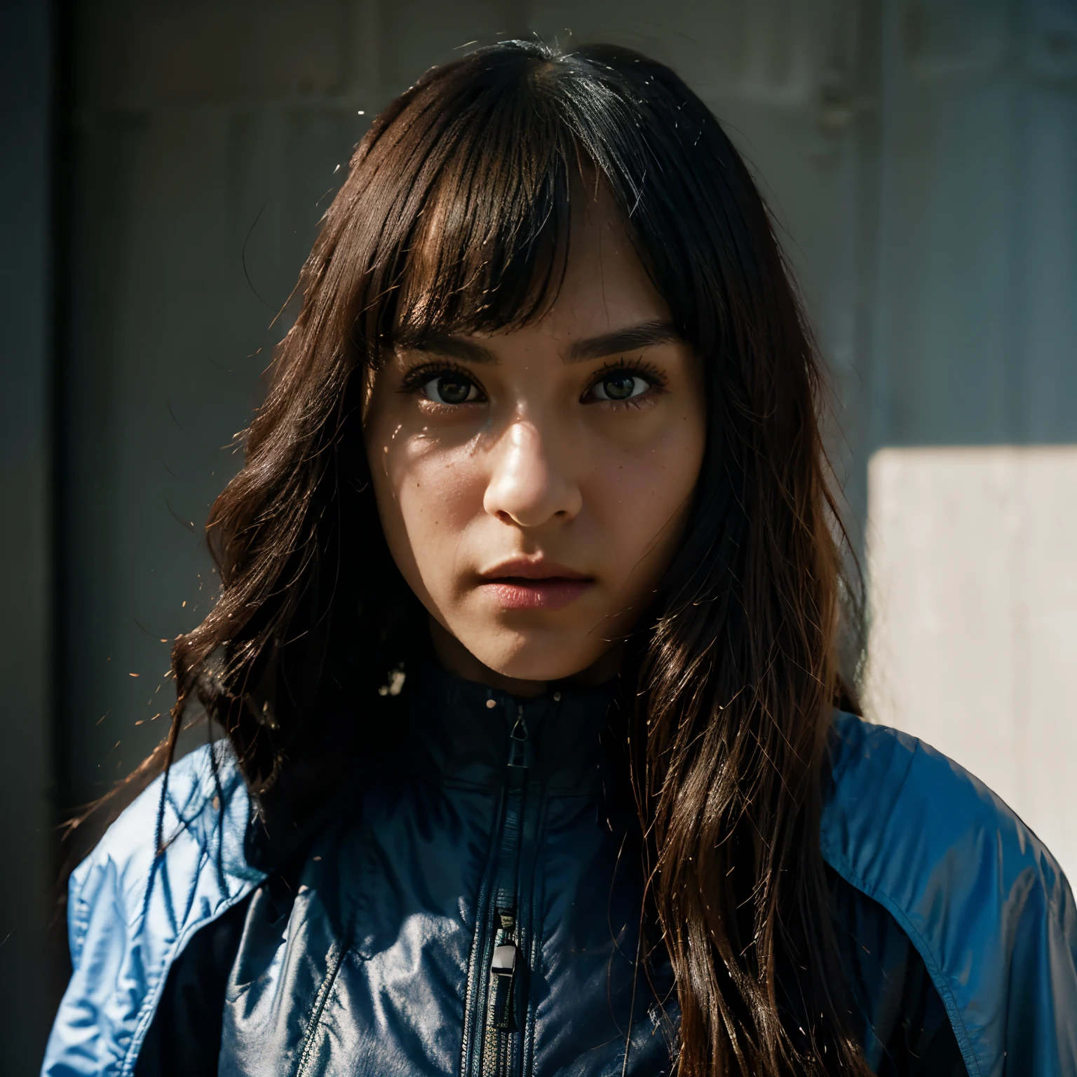 (Small grain:0.5), shieri, motion picture, 1girl, outer space, detailed eyes, detailed face, Futuristic clothing details, Lights in clothes, (concealment:1.1), (sideways glance:1.1), volumetric light, solitude, light, Red fluorescent profile, Green Fluorescent Profile, Blue Fluorescent Profile