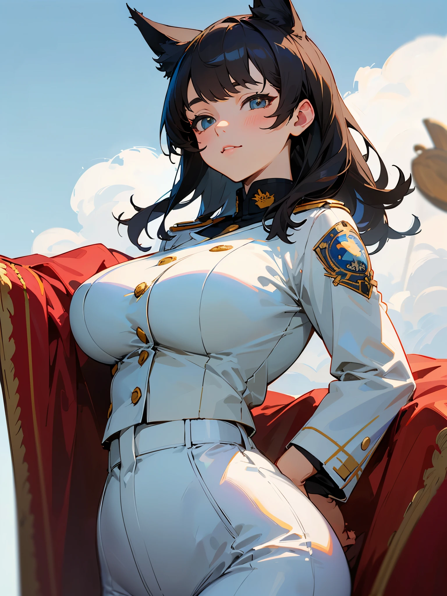 (masterpiece, best quality, RAW photo, intricate details) portrait, head and shoulders, 1girl / Atago / medium dark hair, blues eyes, cat ears, large breasts, curvaceous body, (wearing admirals uniform, wearing white trousers), seaport background, blue sky, Azur lane, catgirl, admiralty, medals, academy, military, marine