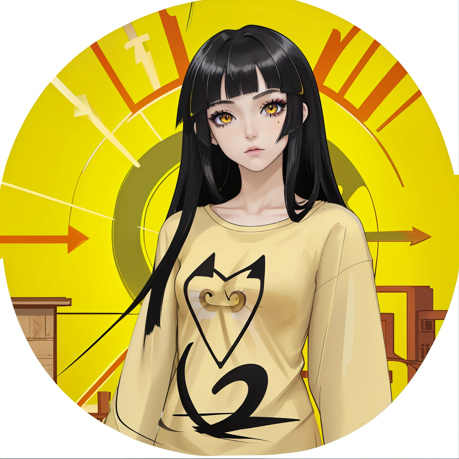 anime, Character, girl in a yellow T-shirt, looks at the viewer, dark long hair, makeup, smoky eyes, arrows on the eyes, smoky eyes,