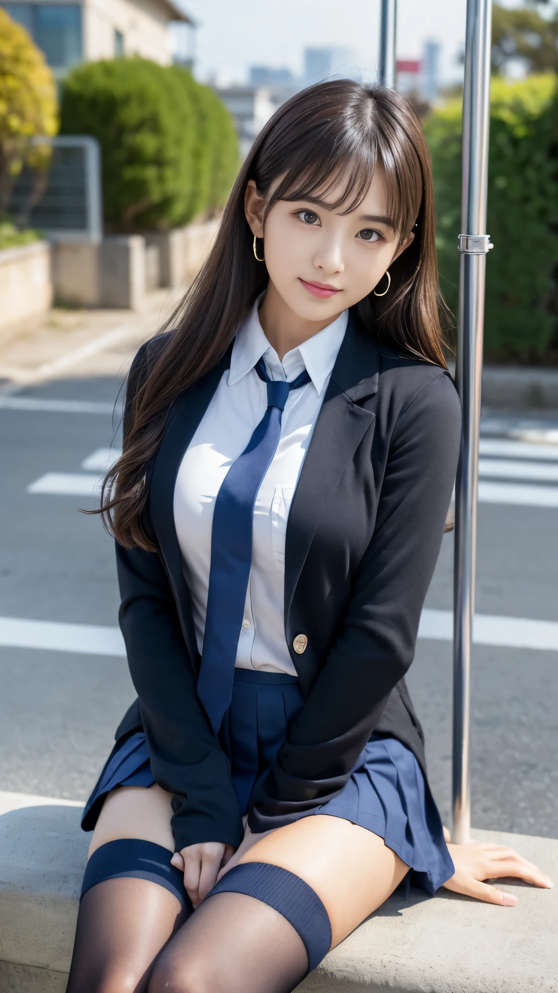 mix 4, (16k, Raw photo, best image quality, masterpiece: 1.45), (realistic, Photoreal: 1.37), tall girl, cute, cityscape,, professional lighting, photon mapping, school classroom, Physically based rendering, dark brown hair,ponytail hairstyle, well-groomed and beautiful eyes、((double eyelid))、super cute girl, (((school uniform、blazer、Long-sleeved shirts worn by Japanese high school girls、ribbon tie、dark blue mini skirt,、dark blue socks、black loafers))), highest quality photos, High resolution, 1080p, (clear face), (Detailed facial description), (detailed description of handasterpiece), (Detailed CG)、extreme light and shadow、messy hair、master work、Rich details、(detailed facial features)、(highest quality photoasseter muscle part)、(detailed eye)、look in front of you、thin clavicle、((slender and big))、(((Japanese female students wear jackets and long-sleeved shirts)))、((neat idol))、((school gate、schoolyard、With the school building in the background))、(Take photos from random viewpoints)、(((cute like an idol)))、earrings、big smile、Draw the whole body from the knees、Do not draw fine lines、(((Sports bags used by Japanese female students)))、(Big big breasts with big drooping:1.2)、big firm butt、two arms、two legs、(((from the front:0.7)))、bare hands、(((symmetrical eyes)))、standing pose、please put your hands on the desk、Do not remove the tie from the jacket、raise your butt:1.5,Raw sex:1.5,