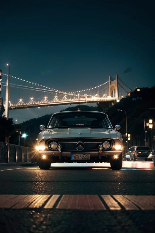 un automovil clasico que va por una ciudad futurista de fondo con muchas luces llamativas