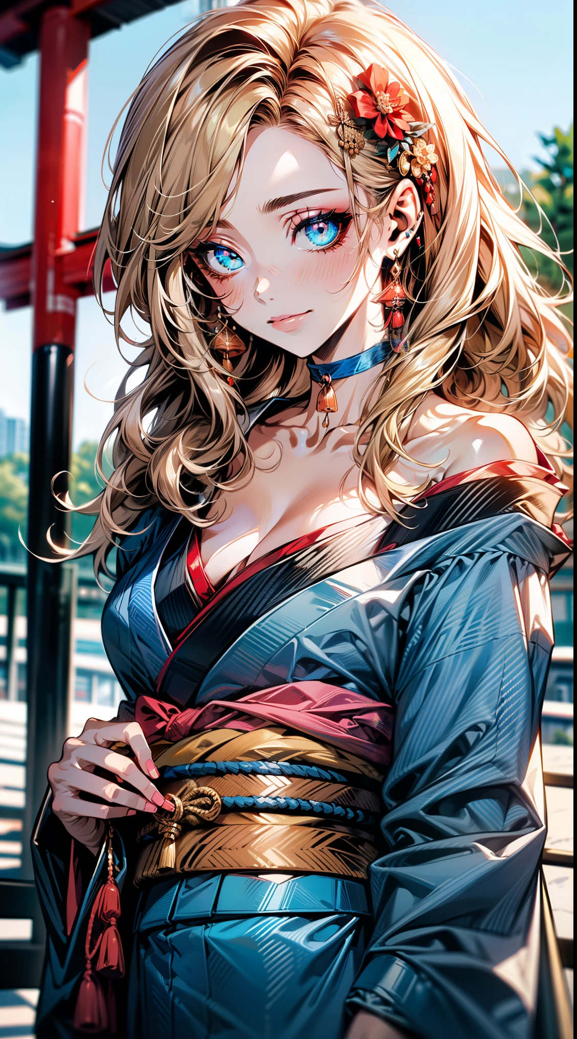 ((Light brown long hair:1.9, wavy hair:1.6, asymmetrical hair:1.8, half up hair)), (shining blue eyes:1.4)beautiful, beautiful woman, perfect anatomy, perfect body, perfect breasts, ((kimono:1.8, choker:1.6)), ((Japan gardens in winter:1.98, torii)), captivating gaze, slight smile, realism, masterpiece, rough skin , Super detailed, high detail, high quality, 最high quality, 1080p, 16k