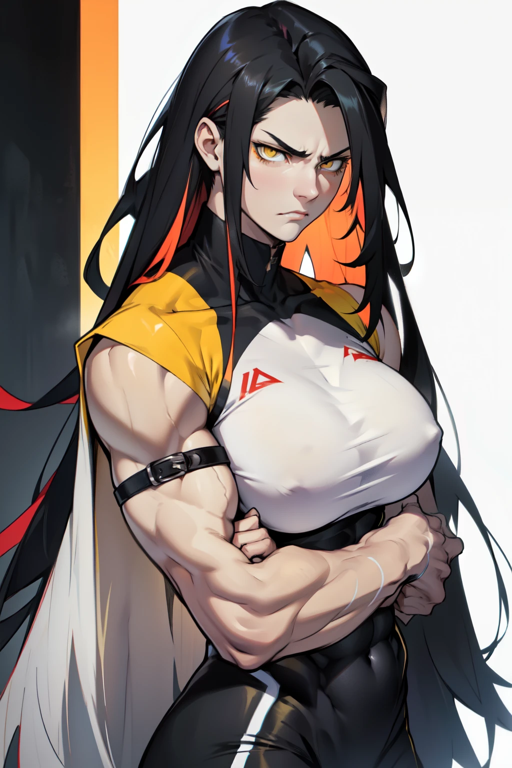 ((two-toned hair)) extremely long hair pale skin girl black hair yellow eyes solo ((muscular toned body)) huge breasts sad frown