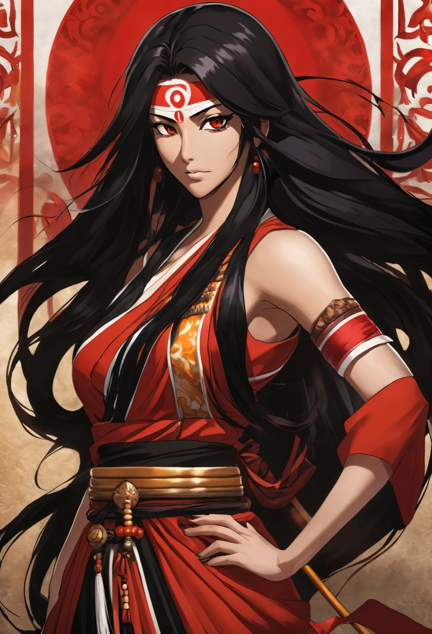 Shinigami bleach brown skin, black hair, brown eyes, a woman, long hair, muscular, hinduism accessory, full black red shingami dress