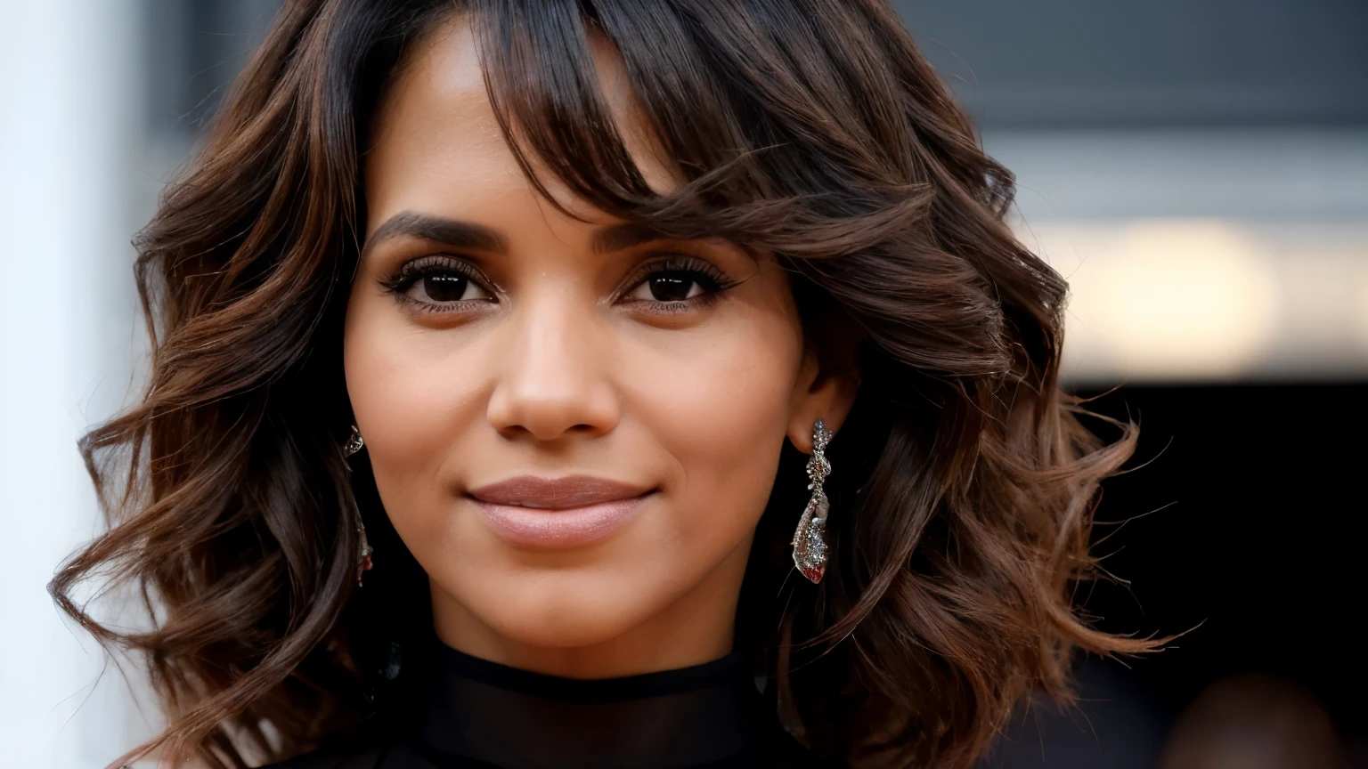 (best quality,4k,8k,highres,masterpiece:1.2),ultra-detailed,(realistic,photorealistic,photo-realistic:1.37),portrait,actress Halle Berry,soulful eyes,beautiful smile,dark curly hair,graceful pose,red carpet,fashionable dress,celebrity glamour,elegant lighting,vibrant colors,classic black and white style,studio photography,professional makeup and styling,close-up shot,mysterious atmosphere,artistic composition,hint of drama,feminine charm,dynamic energy,captivating beauty,celebrity elegance,A-list Hollywood star,confident and alluring,iconic presence,red carpet event,fashion-forward,glamorous personality,Incredible detail on facial features,luminous complexion,captivating gaze with a touch of mystery,red carpet-ready,head-turning fashion,exquisite jewelry,effortless sophistication,impeccable style,unforgettable performance,enchanted onlookers,all time favorite,stellar career,center stage,fierce and empowering,glamour and grace,life of the party,red carpet diva,legendary star,unforgettable moment