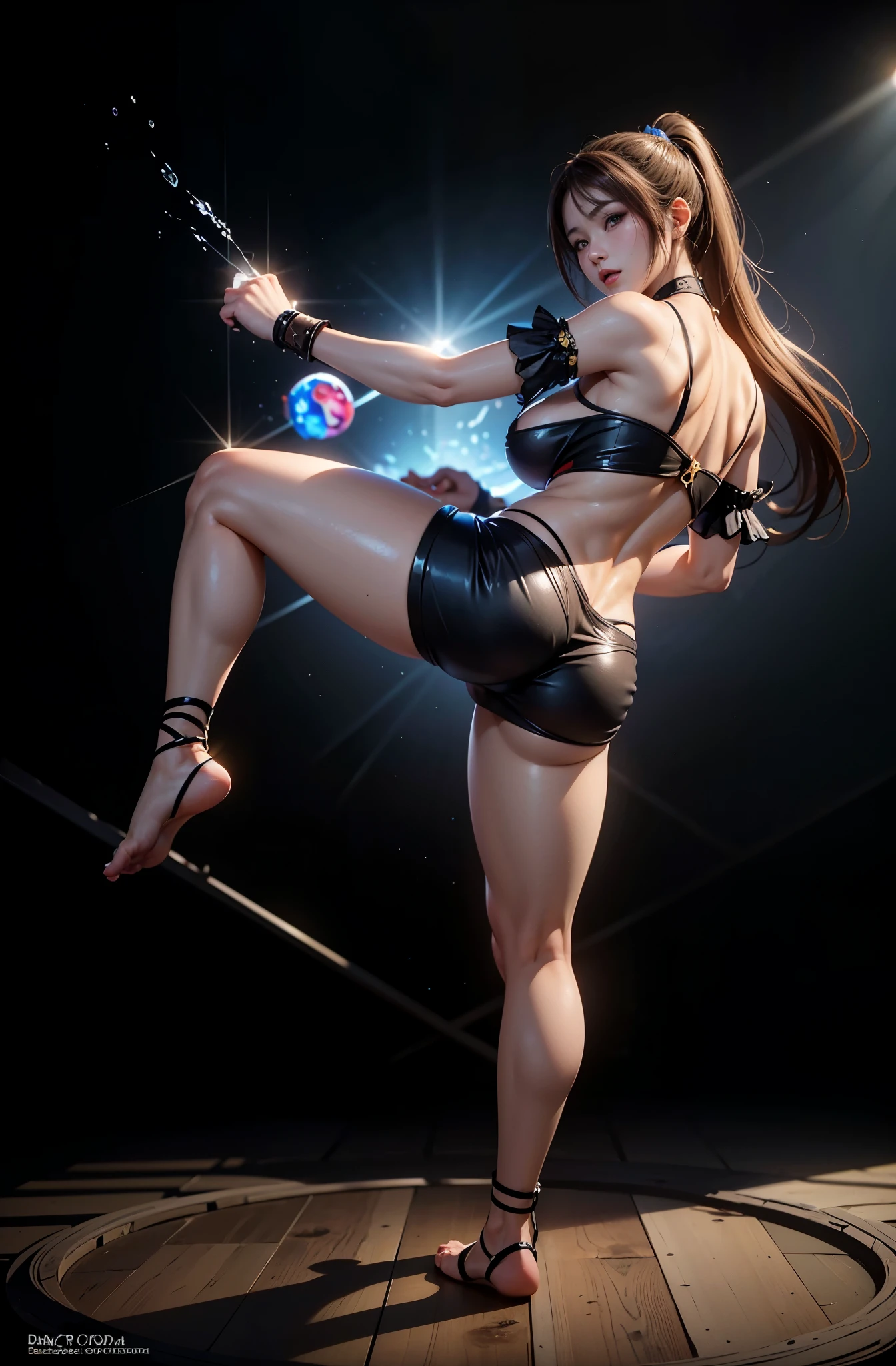 Replace the people in the picture,fighting action,profile,no shoes,fist,8k,ultra high resolution,ultra high definition,masterpiece,high ponytail,huge breasts,Anatomically correct,perfect face,supermodel,Delicate skin,