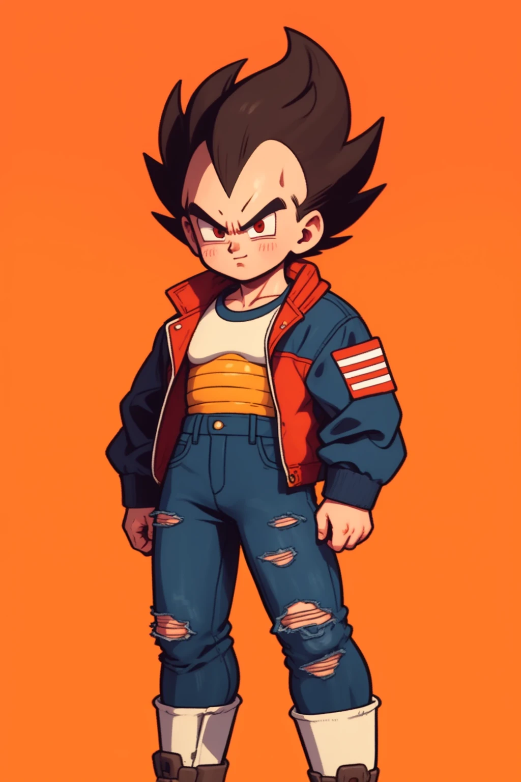 1man, solo, (masterpiece), best quality, ultra-detailed, Vegeta from Dragon Ball Z, super saiyan hair, Retro style, full body. fashion cloth, jean jacket, fancy, portrait, face detail, eyes detail, simple background, 
