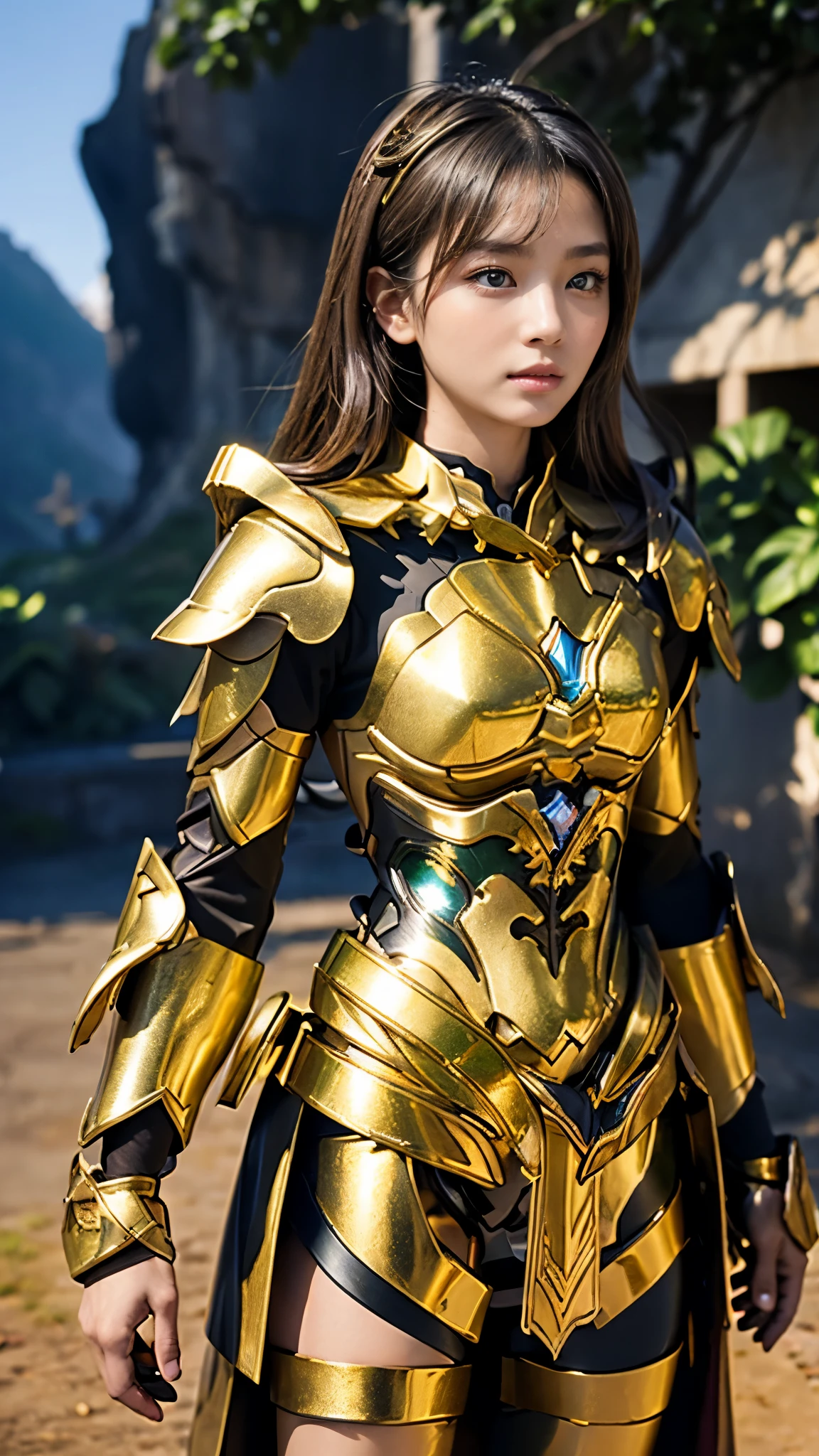 masterpiece,highest quality,ultra high resolution),japanese woman, very beautiful girl, Naïve girl、perfect limbs、perfect anatomy、radiant beautiful skin、Moist eyes、brown shiny hair、Colors and landscapes of youth、Premonition of Love Green and Gold Uniform、 metallic Green armor, high quality costumes, brass armor coat, masterpiece衣装, Green armor, Avan Uniform, gilded black uniform, gold armor suit, quality commander, combat uniform, Embroidered uniform guard, gold obsidian armor, smooth gold armor