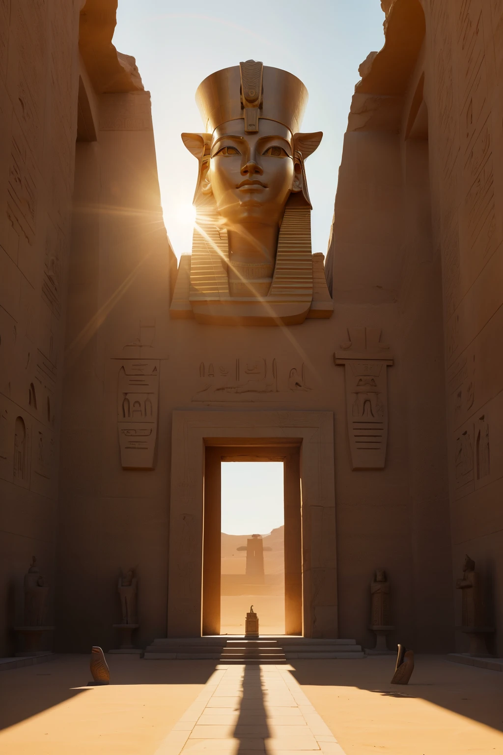 Behold the striking image of Pharaoh Ramses II, his colossal stone form lying gracefully in the arid desert expanse. A tranquil pool of shimmering water mirrors the sunlight, adjacent to his majestic presence. Atop the statue, regal birds survey the scene, their feathers catching the golden rays of the sun, casting dappled shadows against the ancient ruler's features.

This is no mere still photograph; this scene unfolds as a captivating cinematic moment, the sun's rays piercing the clear desert sky, adding depth and dimension to every detail of the Pharaoh's intricately carved countenance. The