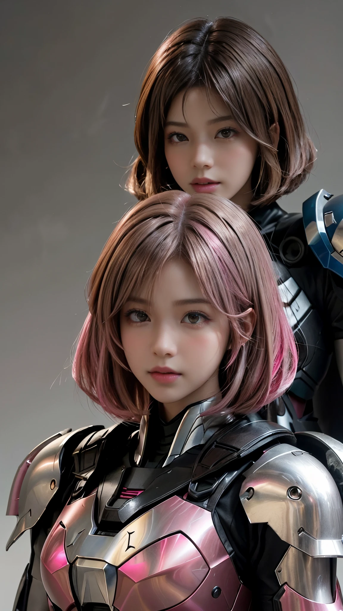 Photo of two realistic black Sazabi girls，Shortcut Bob Cut，I have a lot of hair，brown eyes，Hair color is bright pink，cool look，background is gray，16 year old daughter of Haman Khan and Char Aznable.