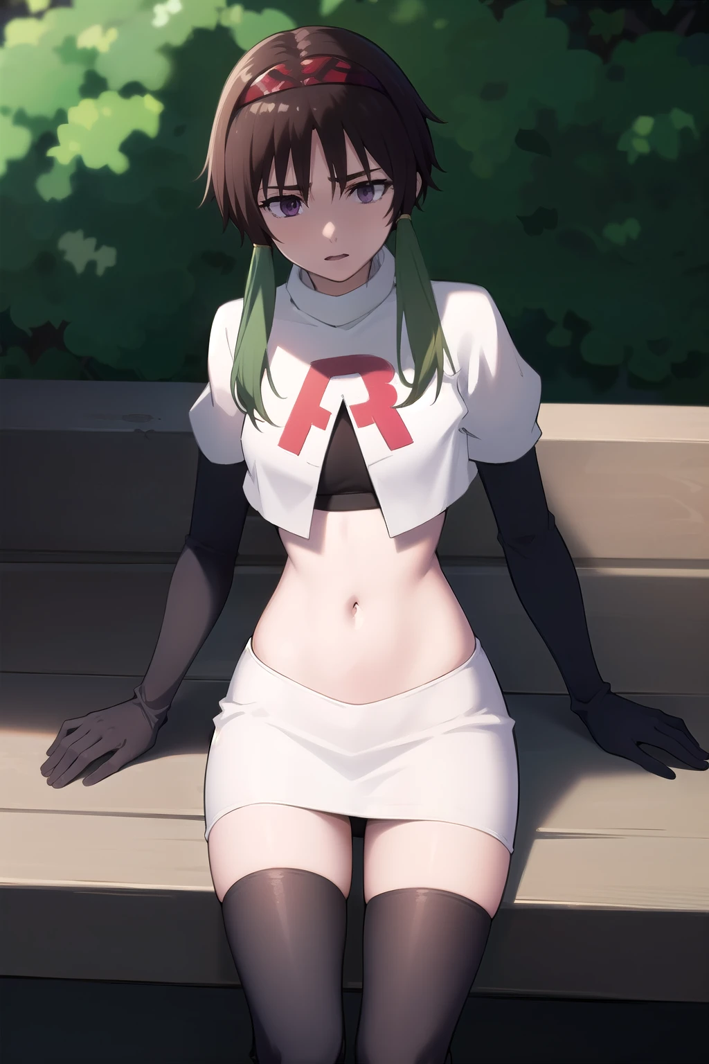 photorealistic, (4k), depth of field, (Masterpiece), (realistic skin texture), extremely detailed, intricate, hyper detailed, professional photography, high resolution, sharp detail, best quality, woman, brown hair, green tips, purple eyes, red headband, feminine pose, outdoors, park bench, light rays, trees, team rocket,team rocket uniform,white skirt,red letter R,crop top,black thigh-highs,black elbow gloves