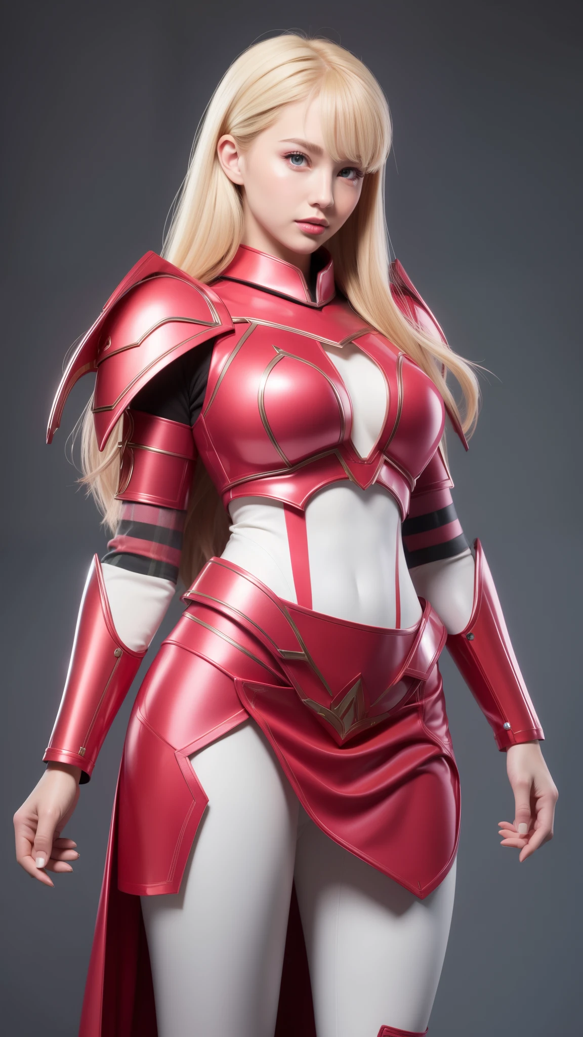 beautiful face woman、blonde、white background、 Beautiful woman、18-year-old、Beautiful woman、ultra-realistic photography、high resolution photos、Red Lipstick Andalorian Style Metal Armor Skirt Suit、Not much skin exposed、Don't cut your head off the screen、tartan check、there's pink there、facing the front